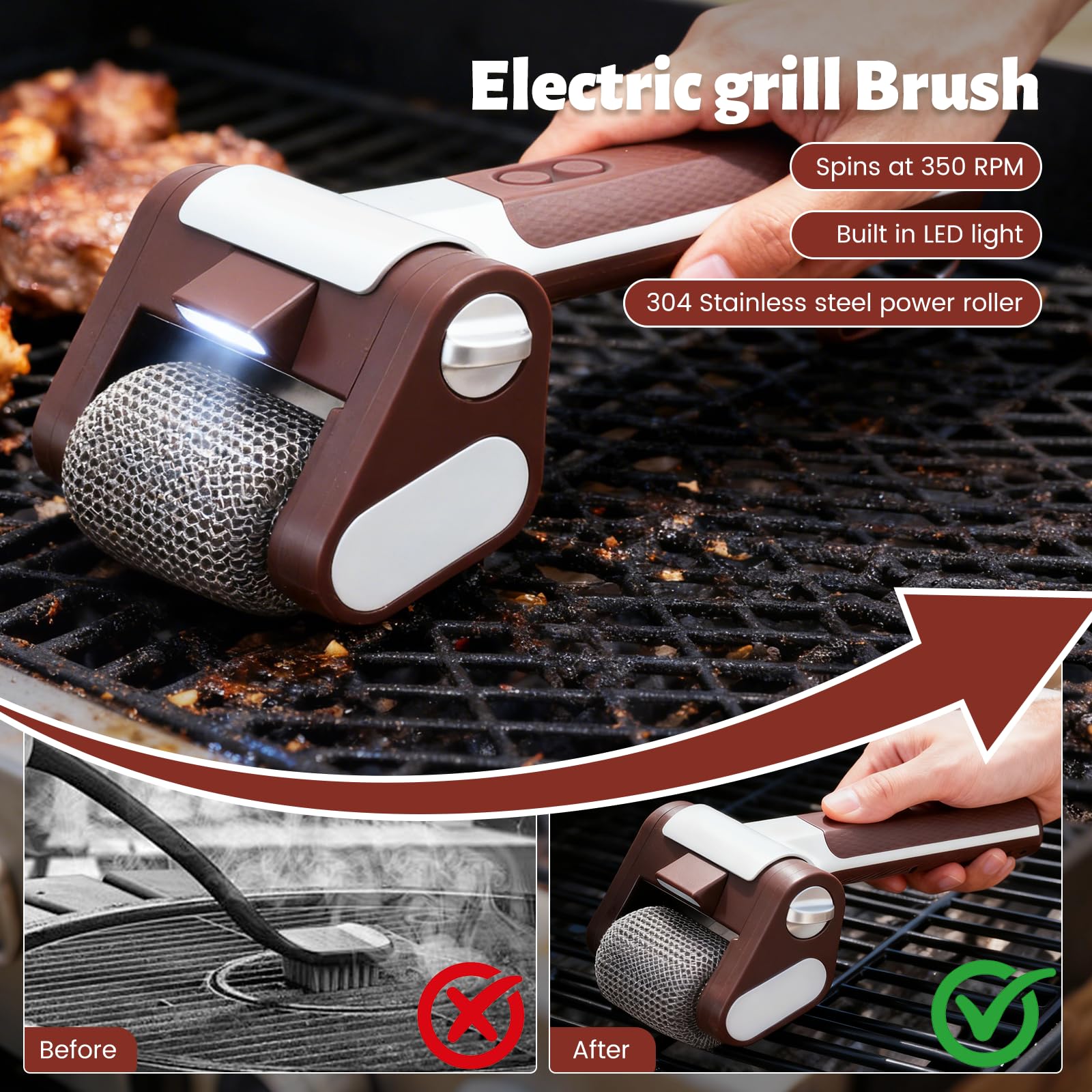 Elektrischer Grillreiniger Borstenfrei,Mit Led,304 Edelstahl Barbecue Reiniger,Kabellos Wiederaufladbar,BBQ Powerbürste Zur Grillreinigung Für Alle Grills Geeignet