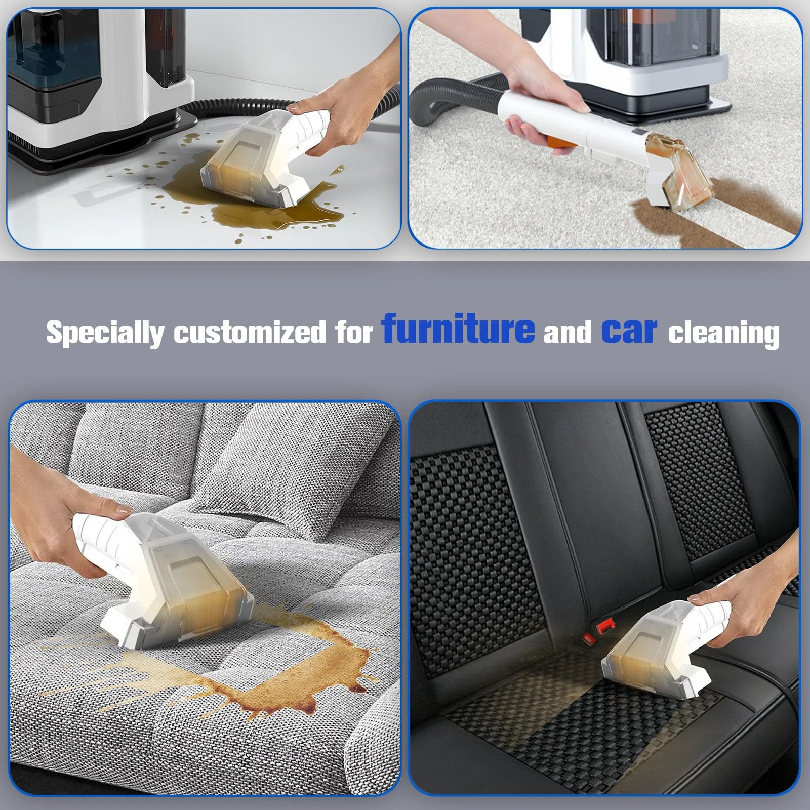 Nettoyeur de tapis portable avec double réservoir d'eau et têtes de brosse pour enlever les taches profondes sur les tapis, canapés et sièges de voiture
