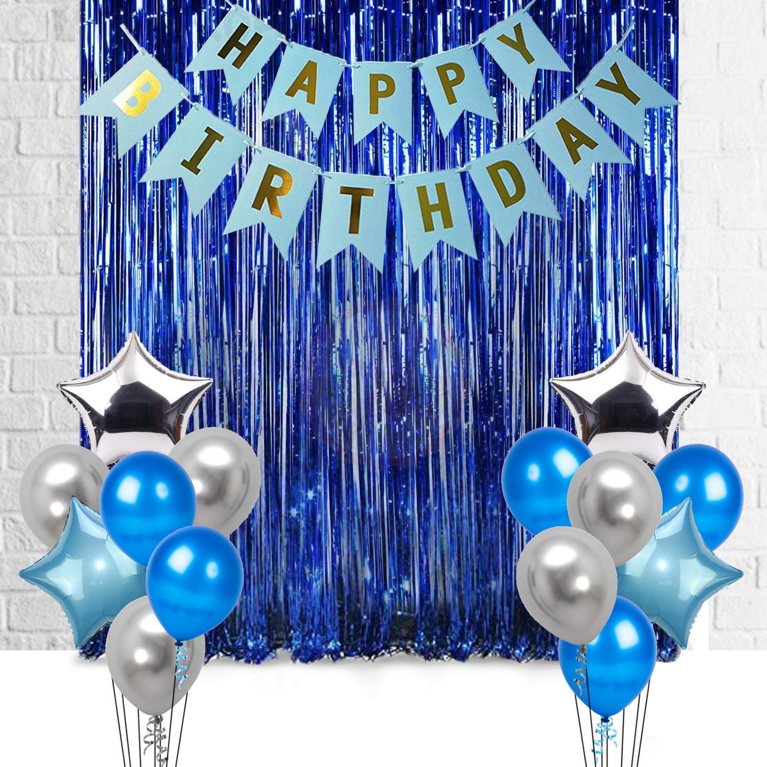 SOI Birthday Party Decoration– Blue & Silver Combo Pack of 17 Pcs | Happy Birthday Banner | Foil Curtains | 10 Metallic Balloons (Blue, Silver)