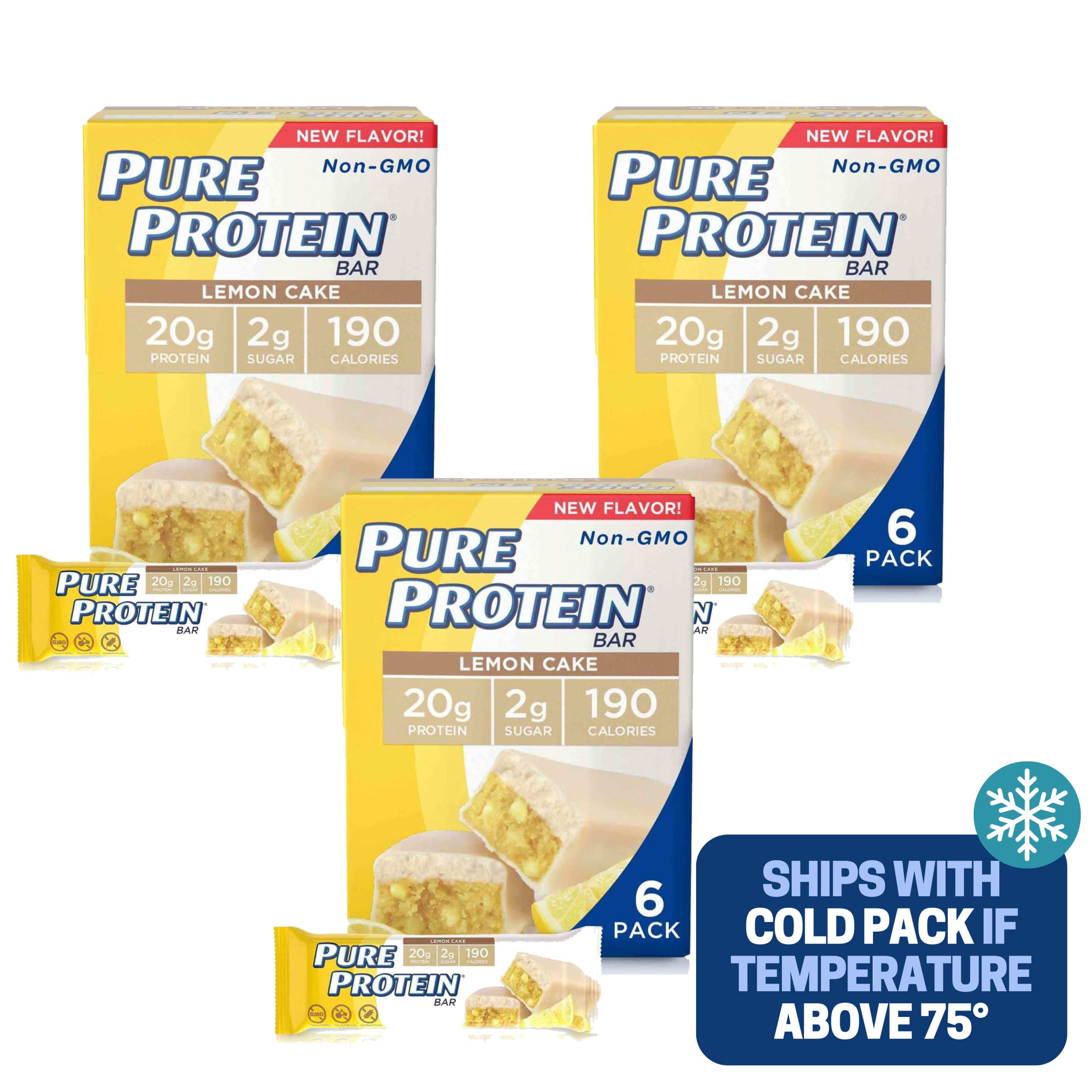Pure Protein Bars, High Protein, Nutritious Snacks to Support Energy, Low Sugar, Gluten Free, Lemon Cake, 1.76 Oz (Box of 6-3 Boxes)