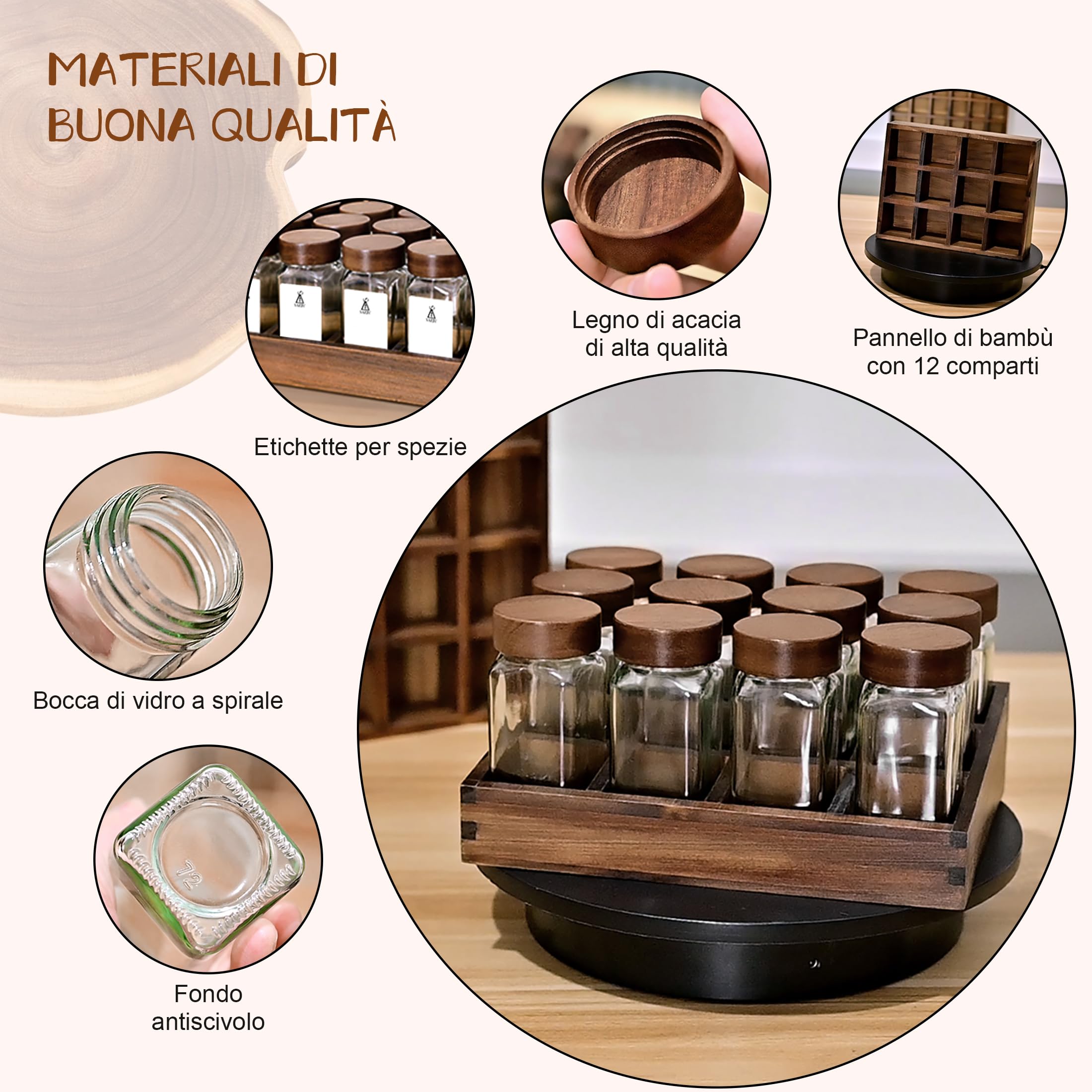 SAEIV Porta Spezie per Cucina Salva Spazio Portaspezie Salvaspazio 12 Barattoli Vassoio Legno Acacia Vetro Borosilicato Non Bruci Più la Pasta Piano/Cassetto Imbuto Inox+120 Etichette