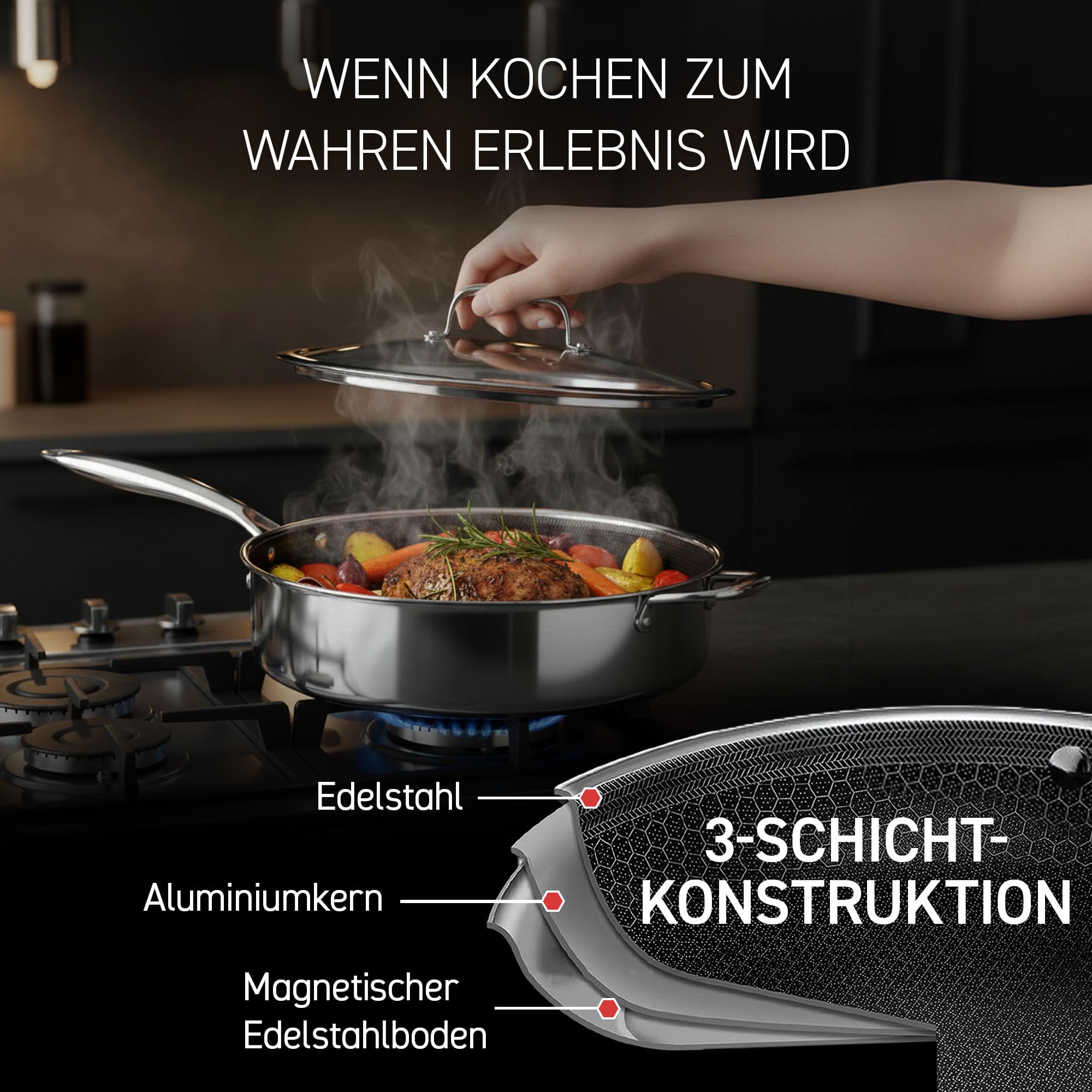 HexClad Hybrid Sautepfanne 4,3 l – Schmorpfanne mit Deckel & Stay-Cool-Griff – Sauteuse für alle Herdarten, auch Induktion – Antihaftbeschichtete Pfanne mit Wabenstruktur – Ofen- und spülmaschinenfest