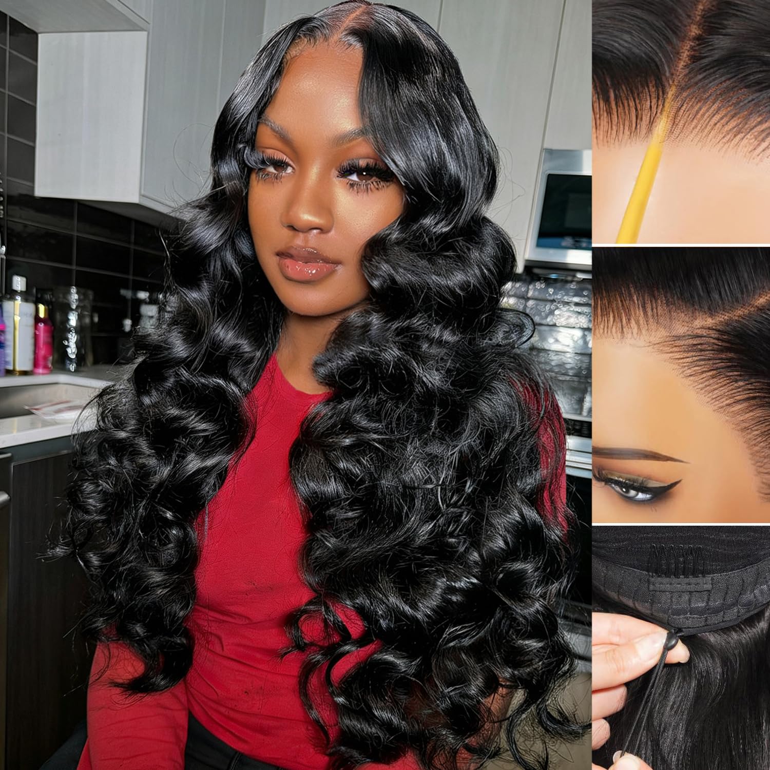 GABRIELLE 28 Inch Drawstring Wear and Go 13x6 Lace Front Body Wave Glueless Wigs Human Hair Brazilian Pre Plucked Pre Cut 200 Density HD Lace Frontal
