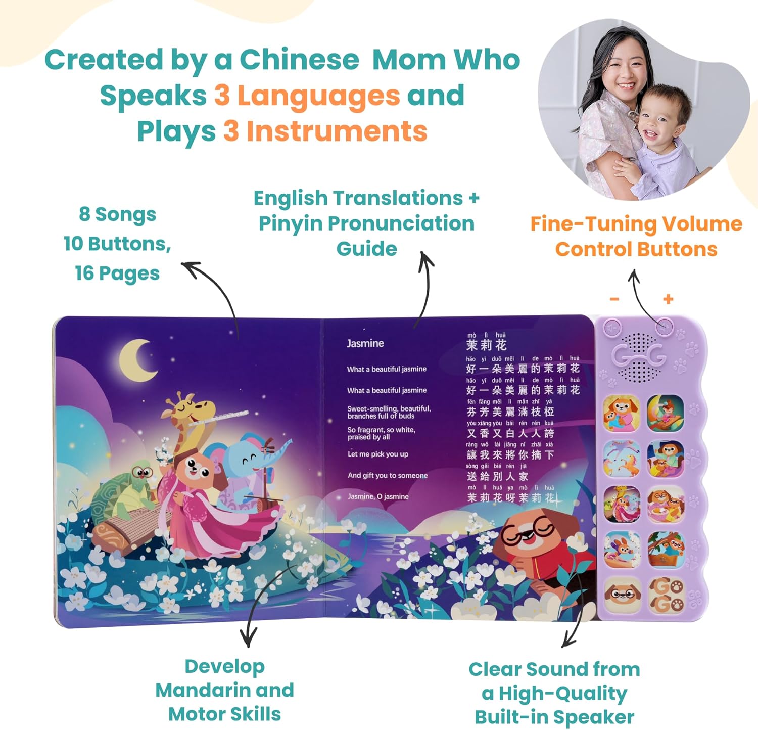 GO GO - Learning Chinese is Fun:Bilingual Chinese with English Translations, 8 Songs, 10 Sound Buttons & Volume Control, Simplified Characters & Pinyin for Kids & Toddlers