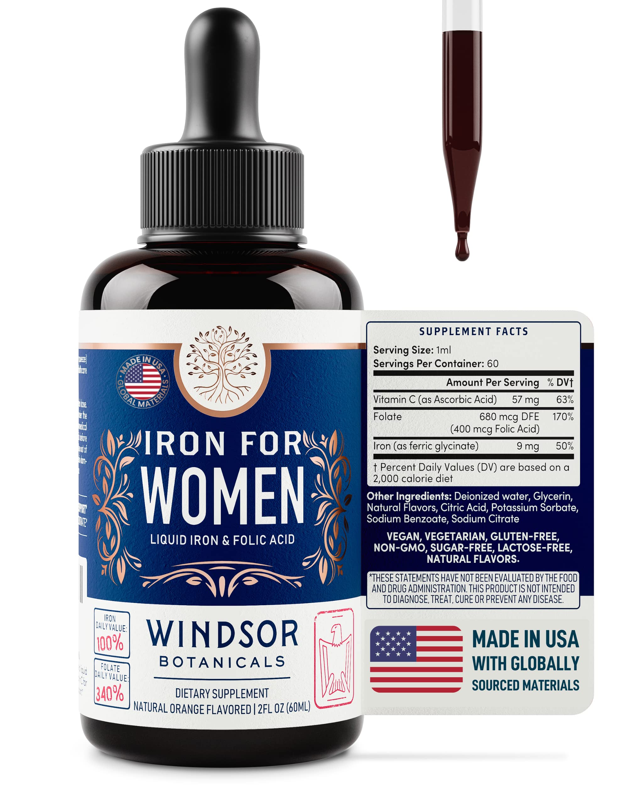 Liquid Iron Supplement for Women - Windsor Botanicals Folic Acid, Vitamin C, Vegan Iron Supplements for Anemia, Menstruati...