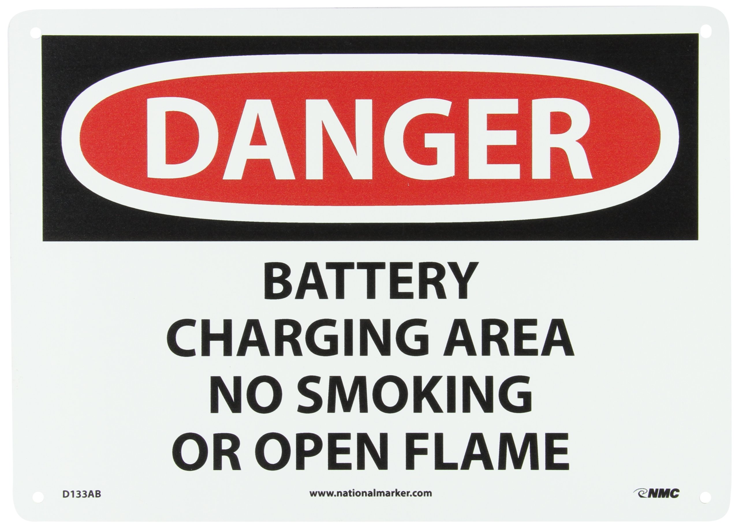 NMC D133AB DANGER - BATTERY CHARGING AREA NO SMOKING OR OPEN FLAMES Sign - 14 in. x 10 in., Red/Black Text on White, Aluminum Danger Sign