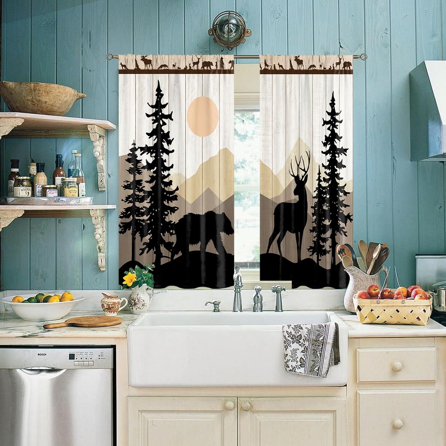 Forest Sunset Kitchen Curtains 2 Panels Country Rustic Farmhouse Short Cafe Curtains Decor for Dining Room Tier Curtains Over Sink Retro Tree Bear Deer Rod Pocket Window Drapes Treatment 42x45 Inch