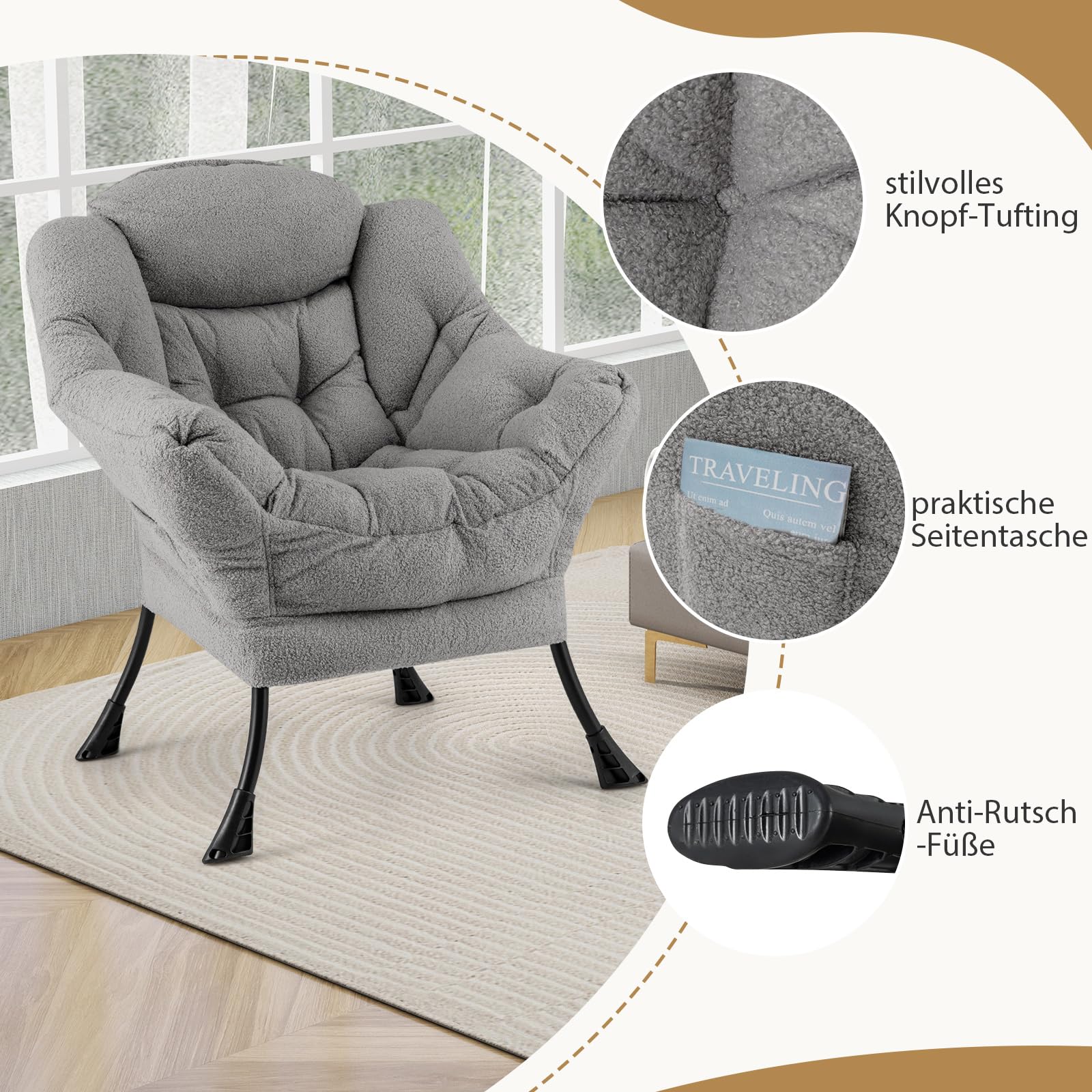 COSTWAY Fauteuil met voetenbank, relaxstoel met armleuningen, zijzak en voetensteun, loungestoel, televisiestoel, oorfauteuil voor woonkamer, slaapkamer, kantoor (grijs COSTWAY Fauteuil met voetenbank, relaxstoel met armleuningen, zijzak en voetensteun, loungestoel, televisiestoel, oorfauteuil voor woonkamer, slaapkamer, kantoor (grijs