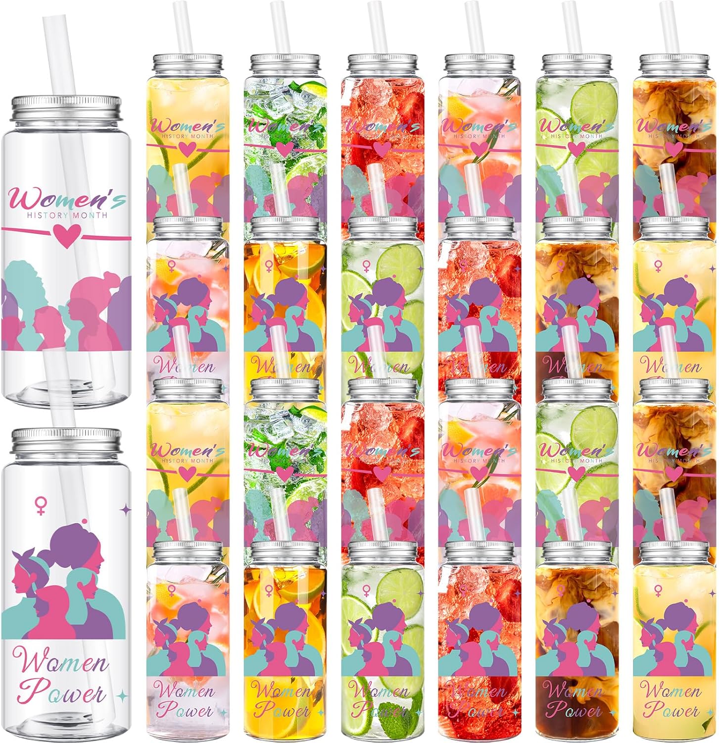 Skylety 24 Pcs Women's History Month Gifts Bulk, Women's History Month 14 oz Plastic Cup with Lids and Straws Inspirational Reusable Cups WHM Feminism Woman Power Gift for March Offices Female