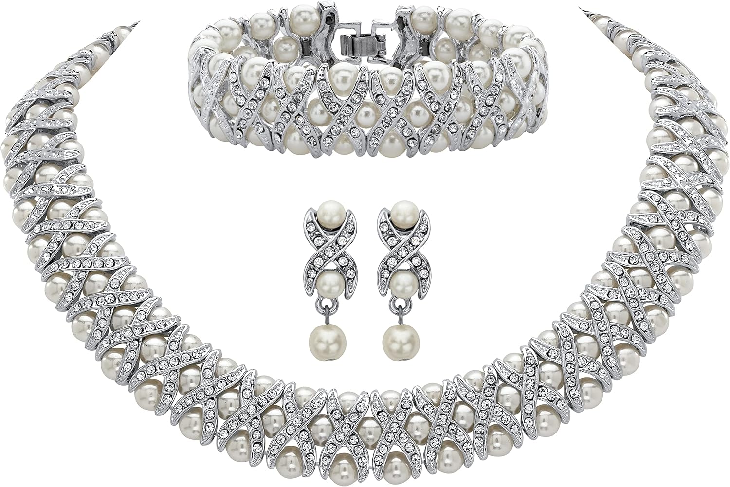 PalmBeach Silvertone Round Crystal and Simulated Pearl, Drop Earrings, Bracelet and Collar Necklace Set, Fold Over Clasp, 18 inches
