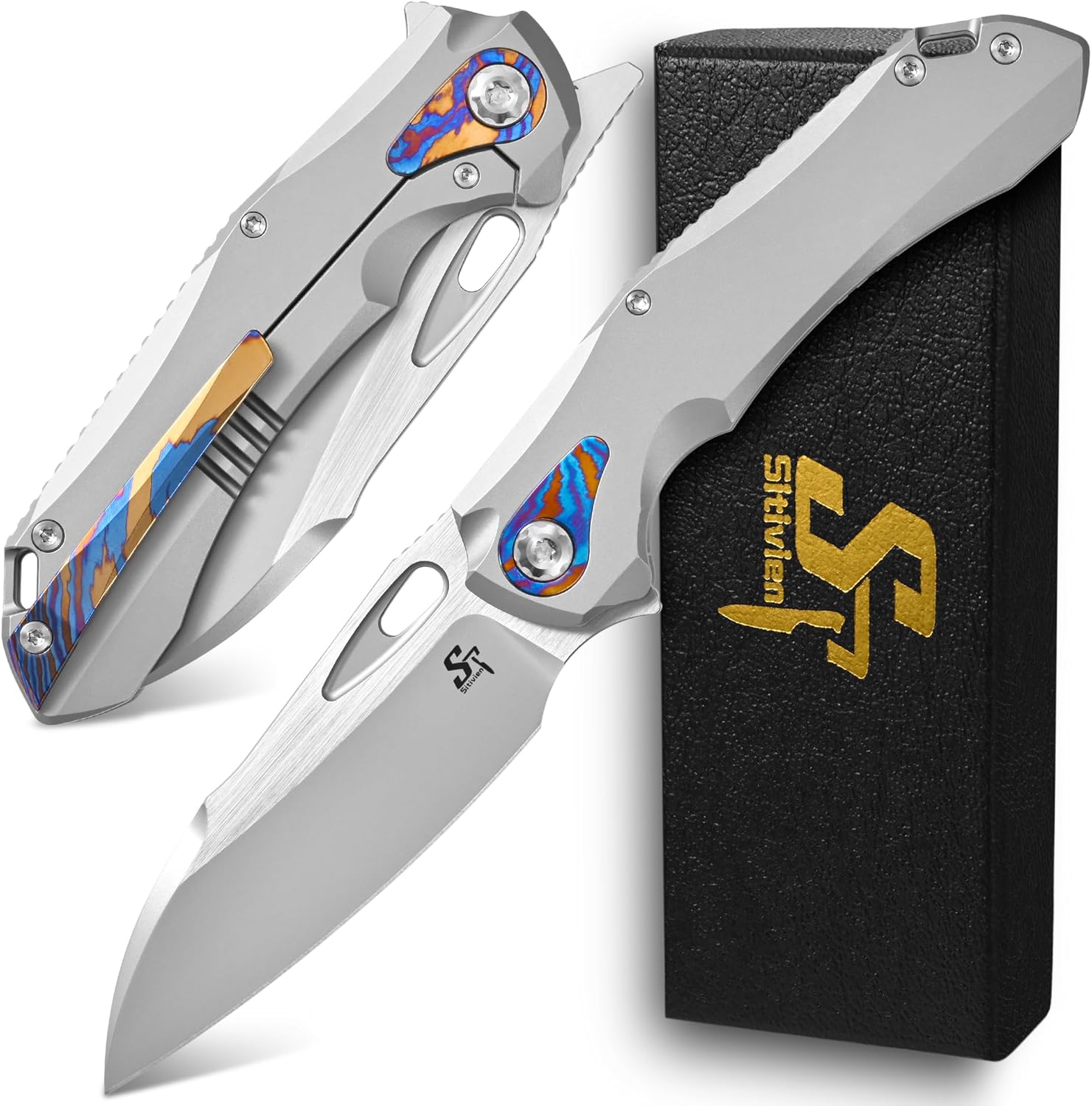 Sitivien ST276 Folding Knife, M390 Steel Blade Titanium and Timascus Inlaid Handle Knife with Safety Lock Frame Lock for Outdoor Camping, Hiking, Survival