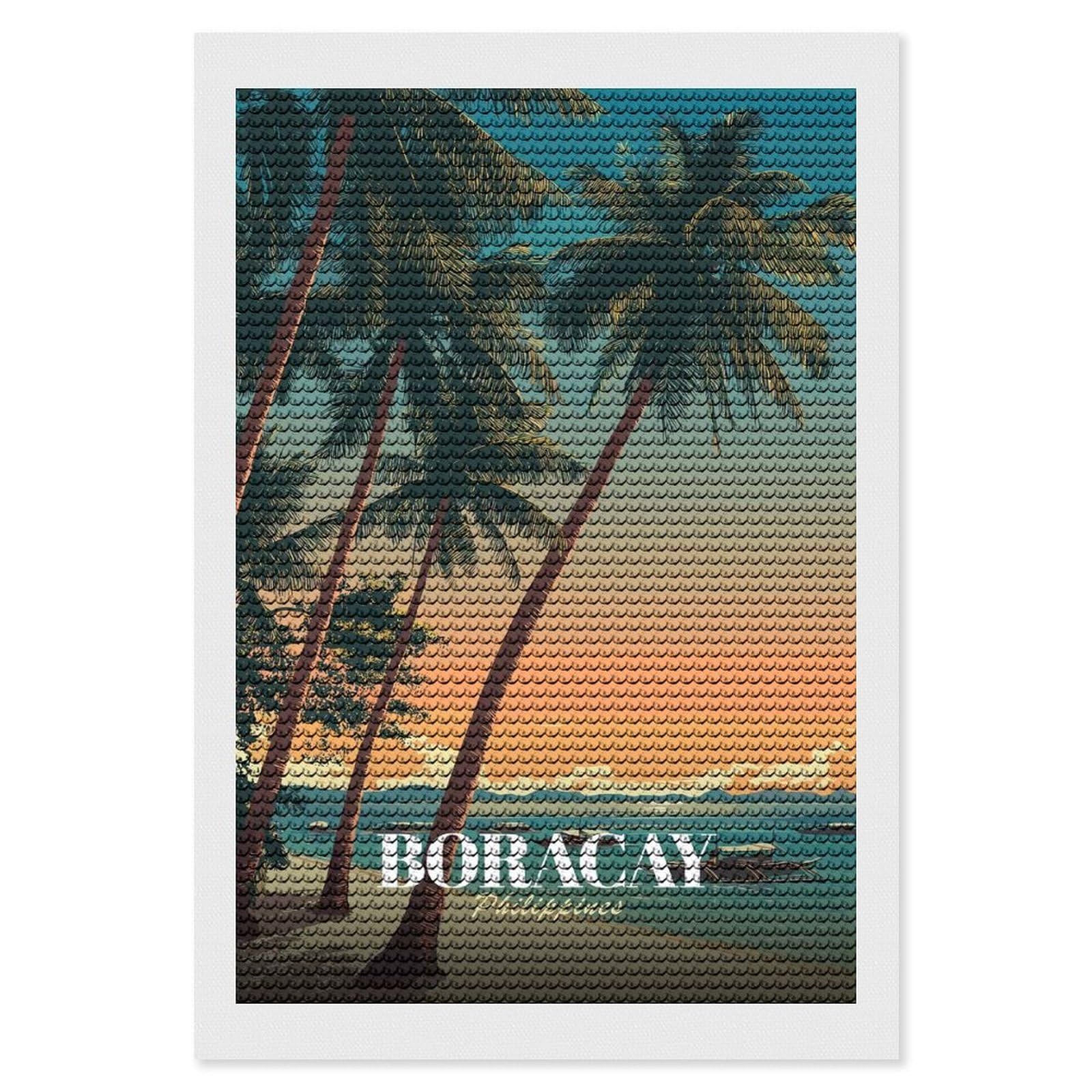 Junmoney Boracay Philippines Travel DIY Diamond Art Canvas Kit 8"x12", Simple to Start, Fun Craft Experience, Modern Decor, Gift Idea, Adhesive Canvas
