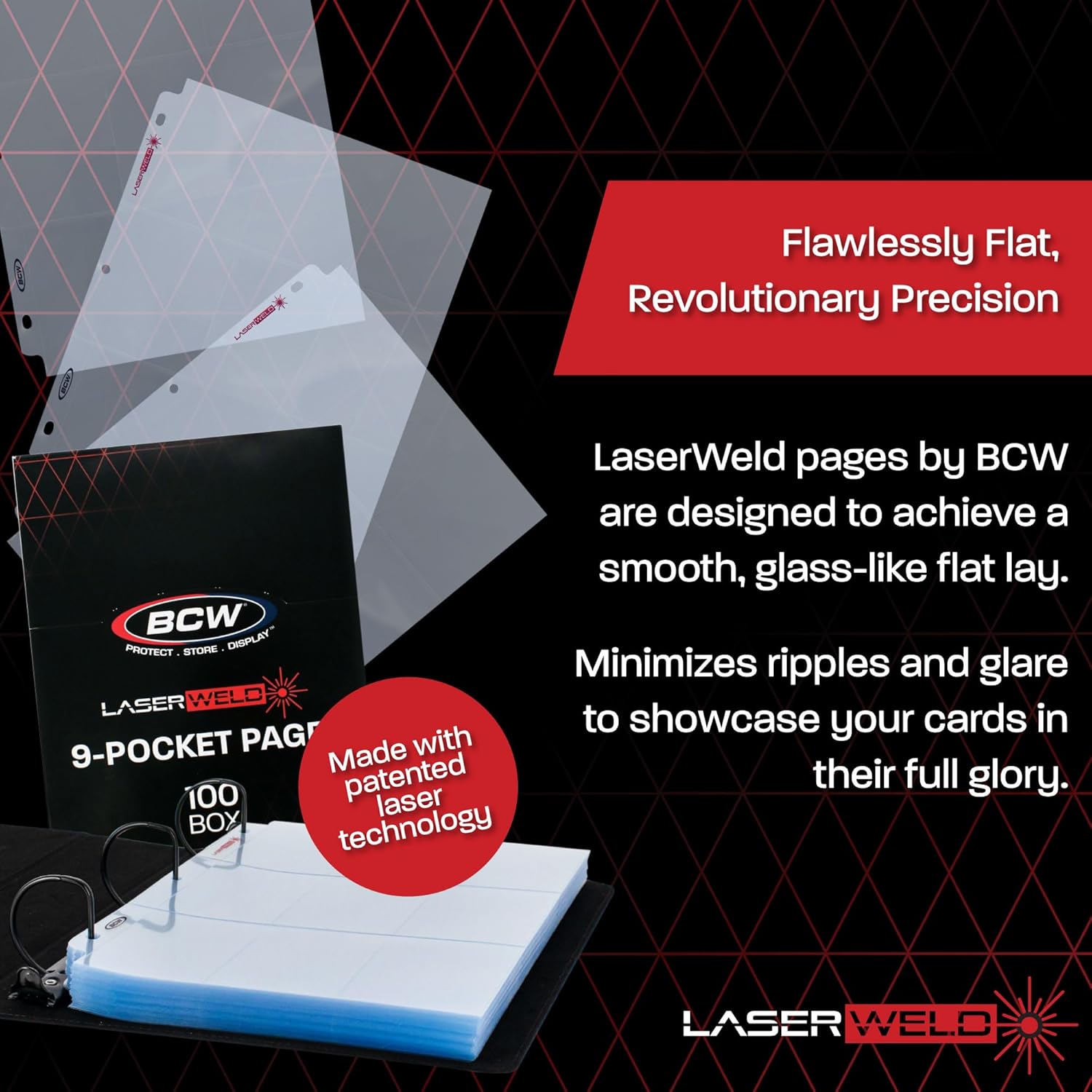 BCW LaserWeld 9 Pocket Pages - 500 Page Pack | Glass-Like Clear Flat Lay | Premium Ultra Flat and Clear Pocket Pages for Cards | Trading Card Binder Sleeves for Pokemon, MTG, Baseball, Basketball