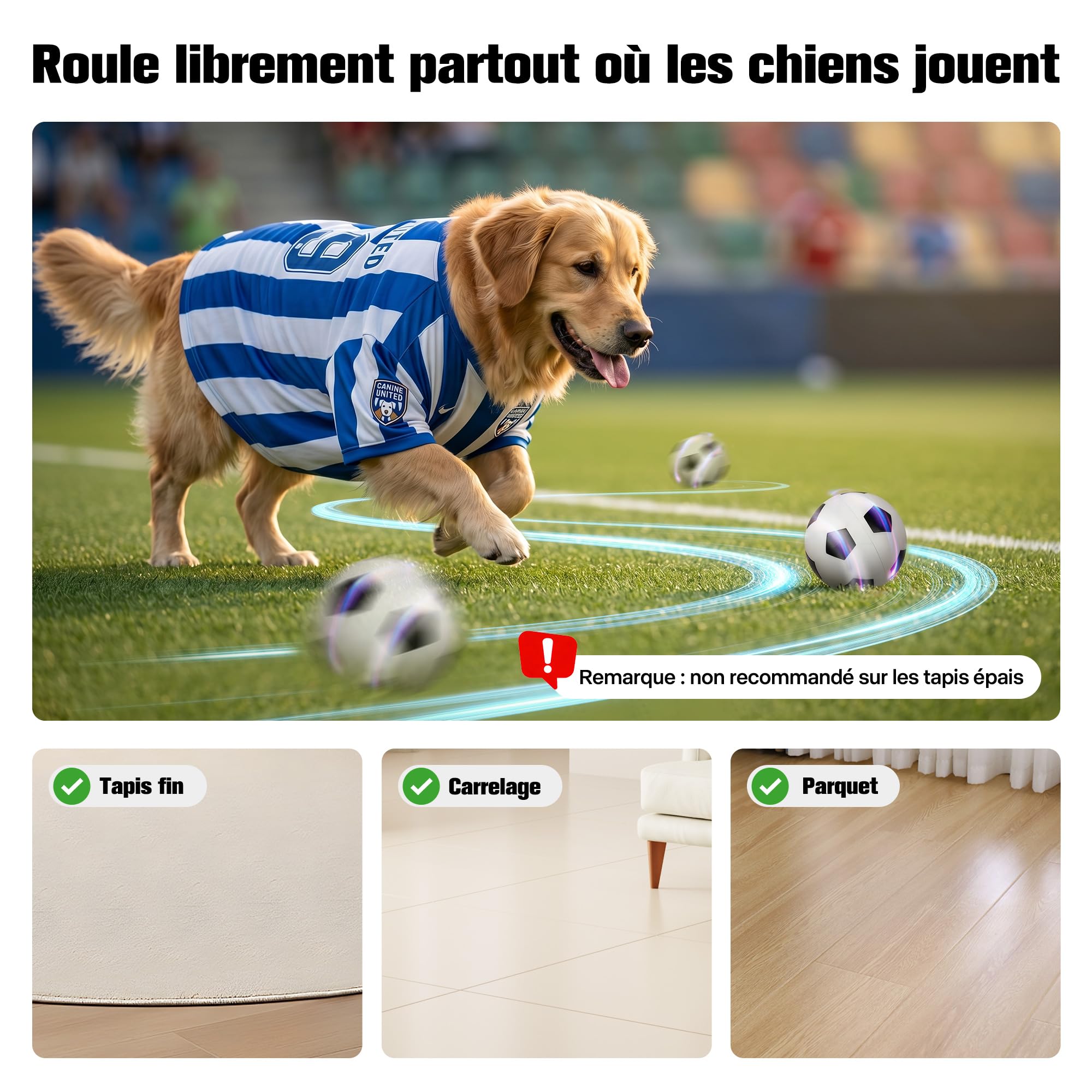 Pet Prime Balle Interactive pour Chien, Balle Football Coupe du Monde Rechargeable USB, 2 Modes détection Tactile, résistante intérieur extérieur