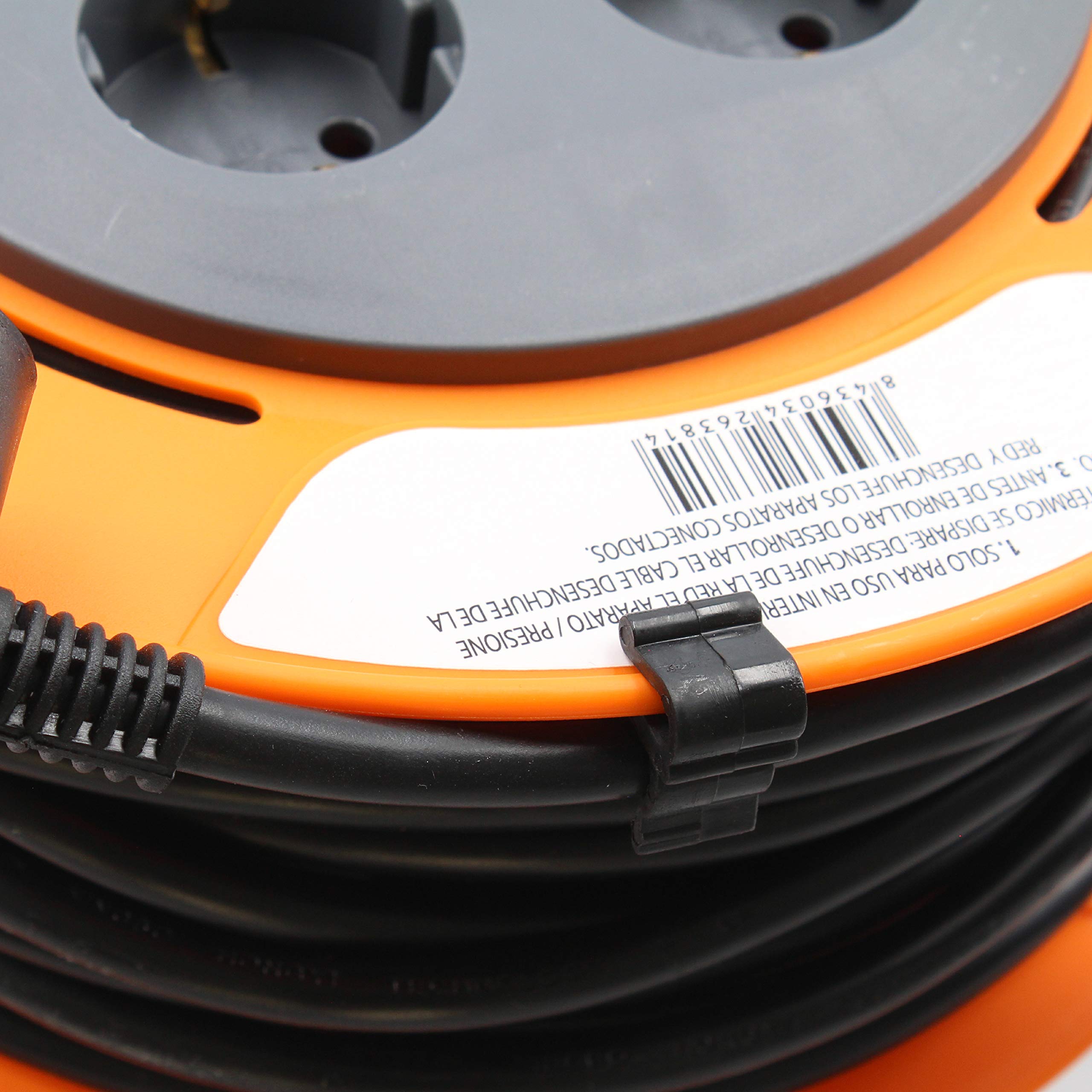TM Electron TMUAD225 - Cable de alimentación en Bobina Enrollable de 25 Metros con 4 Tomas, Color Naranja