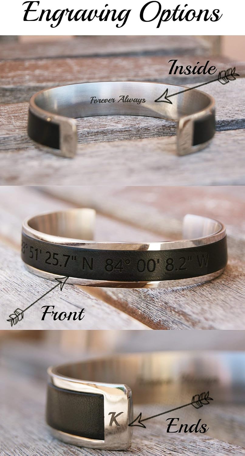 BeGenuine Mens Bracelet Personalized Stainless Steel and Leather Cuff - Engraved Handmade Adjustable Gift for Him Husband Dad Boyfriend Fathers Day
