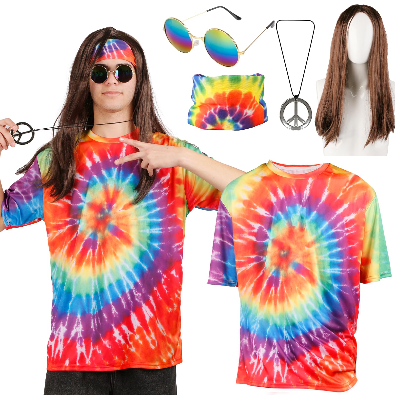 Disfraz hippie para hombre y mujer, juego de los años 60, 70 y 80, accesorios hippie, ropa con camiseta hippie, gafas de paz, peluca para la cabeza, discoteca, hippie, disfraz de carnaval
