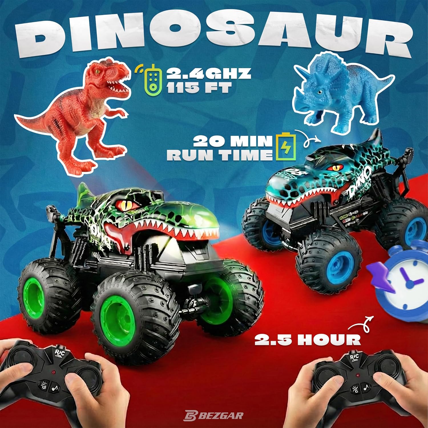BEZGAR Monster Truck Toys - Remote Control Monster Truck with Light & Music, Dinosaur Toys for Kids, 1:20 Scale RC Truck with 360° Spins and Drifting, Remote Control Car for Boys 4-7 Blue - Image 5