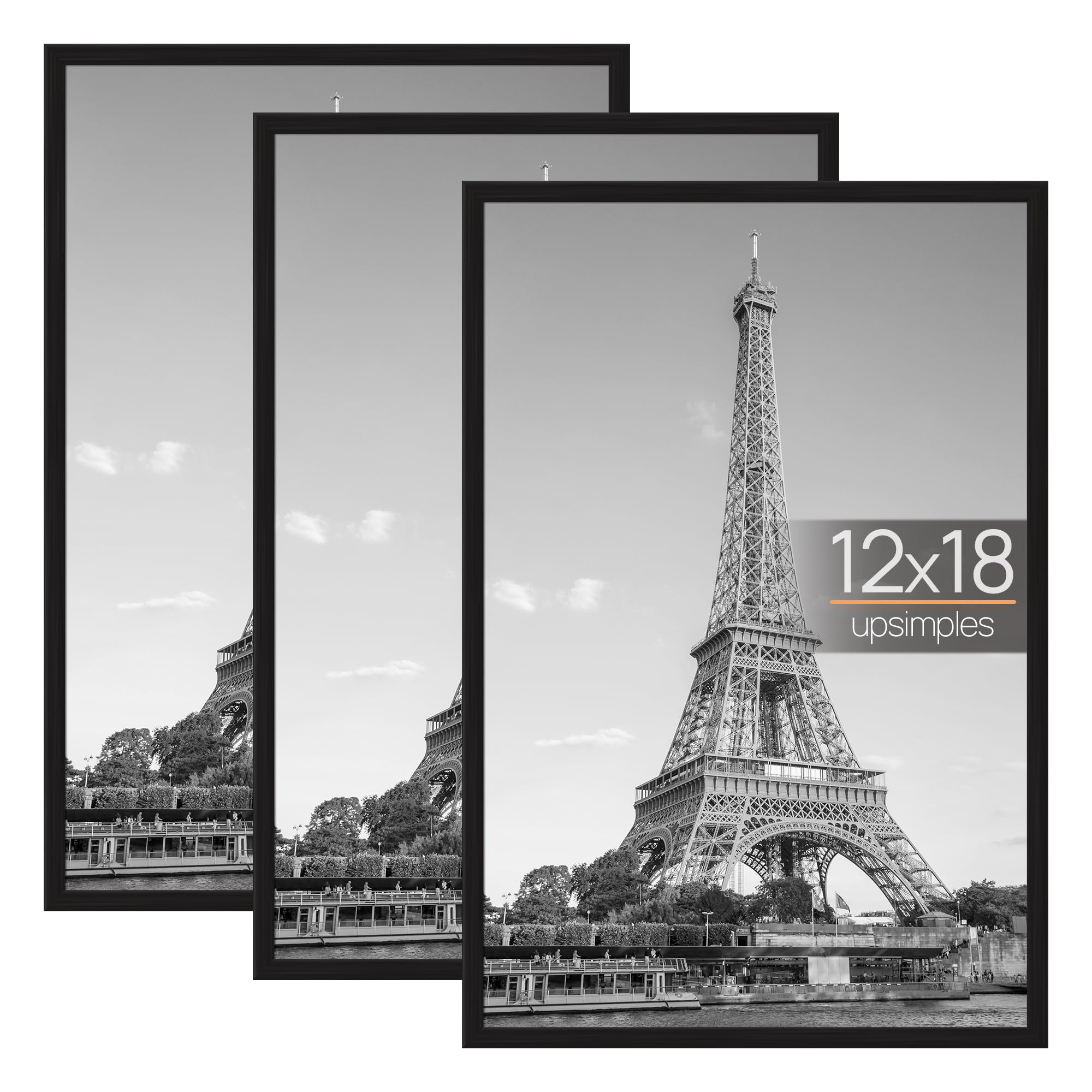 upsimples 3 Pack 12x18 Picture Frame, Black Picture Frame for Photo Gallery - Slide-In Strips, Horizontal or Vertical Wall Mounting