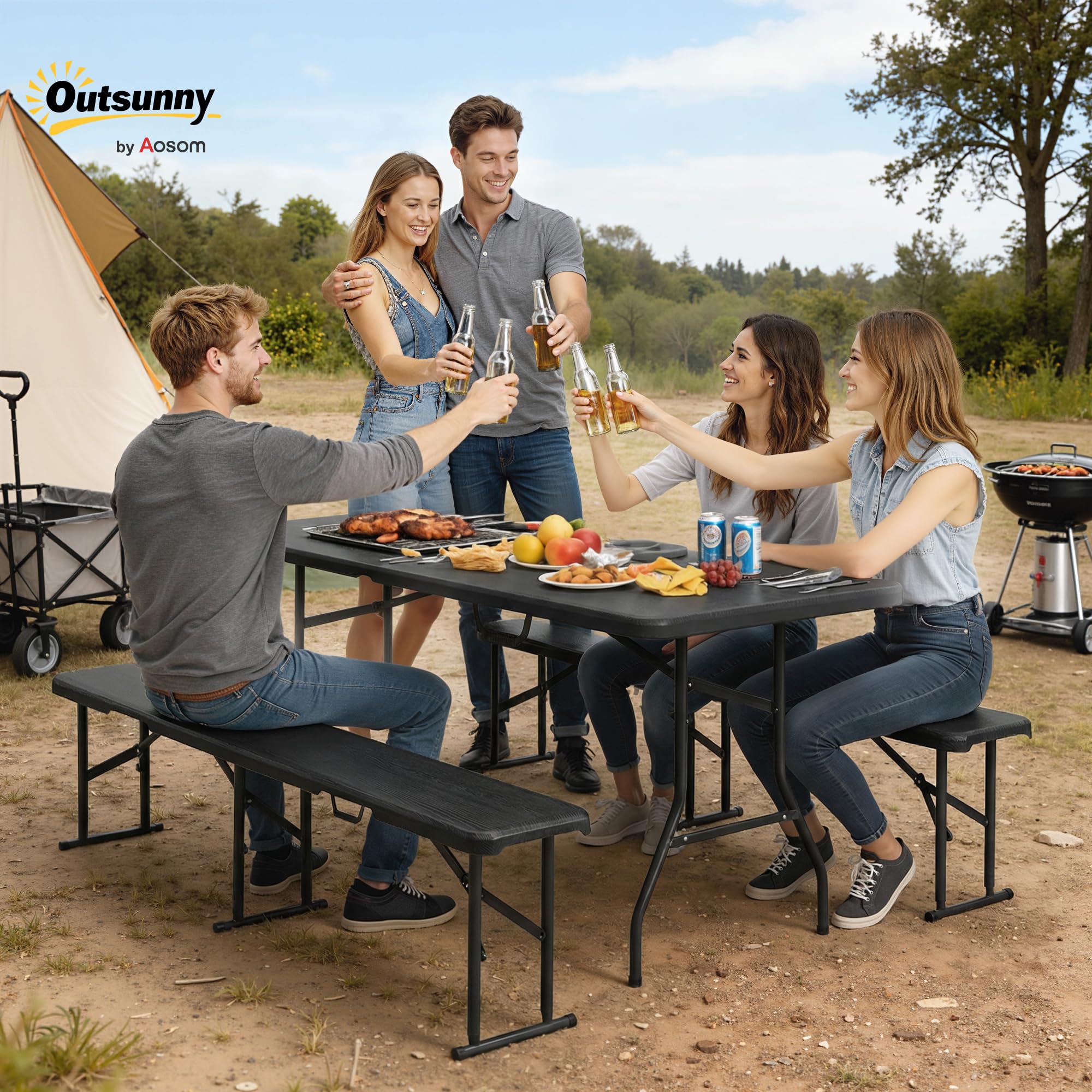 Outsunny Ensemble Table Pliante et bancs de Pique-Nique 180 cm, Table Camping Pliante avec chaises Portable avec poignées de Transport, Banc Pliable pour terrasse, Jardin, Barbecue, Noir