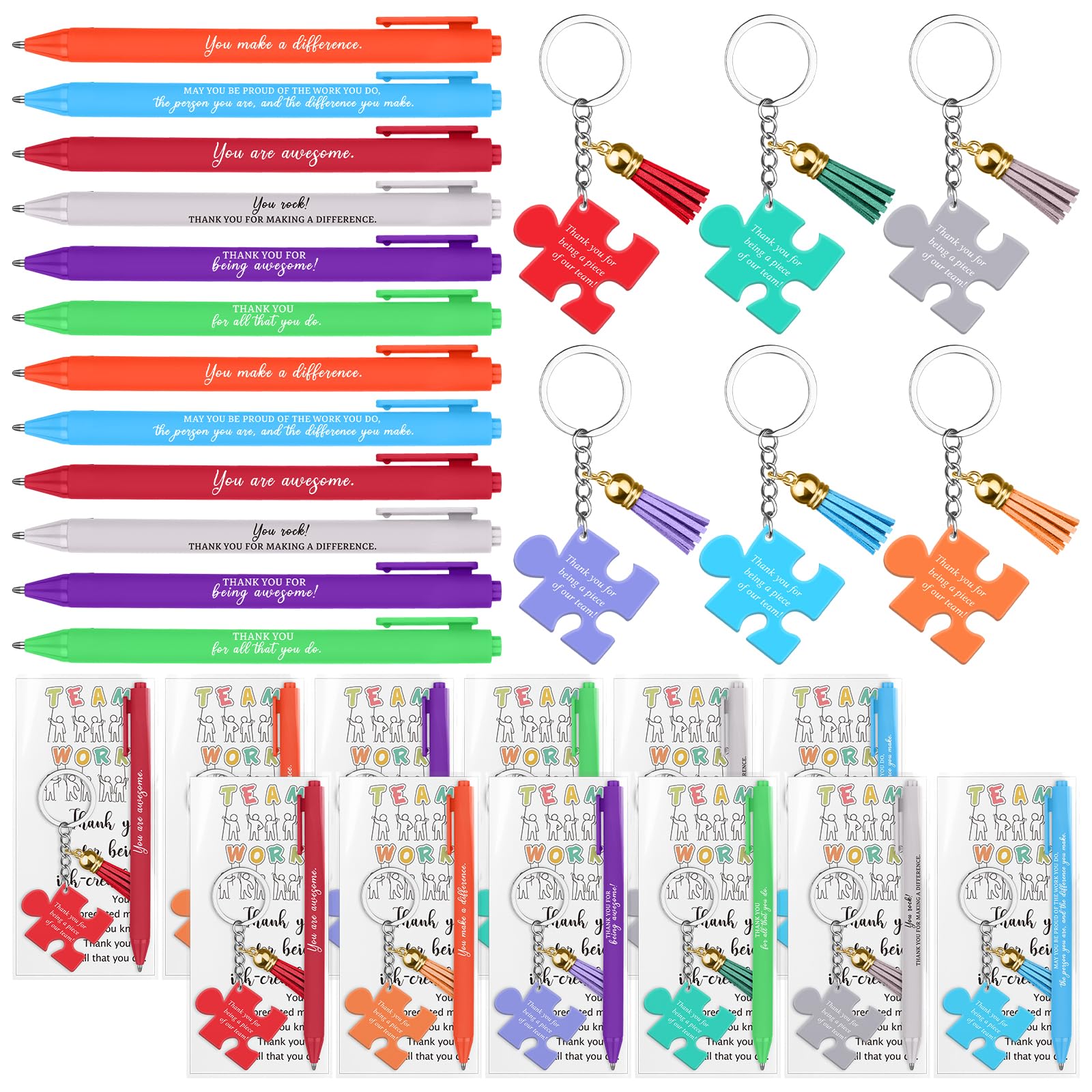 96 Pcs Thank You Team Appreciation Gifts Motivational Ballpoint Pens Puzzle Piece Keychains Thank You Cards Inspirational Farewell Leaving Gifts for Staff Employee Colleagues Teacher Nurse (6 Colours)