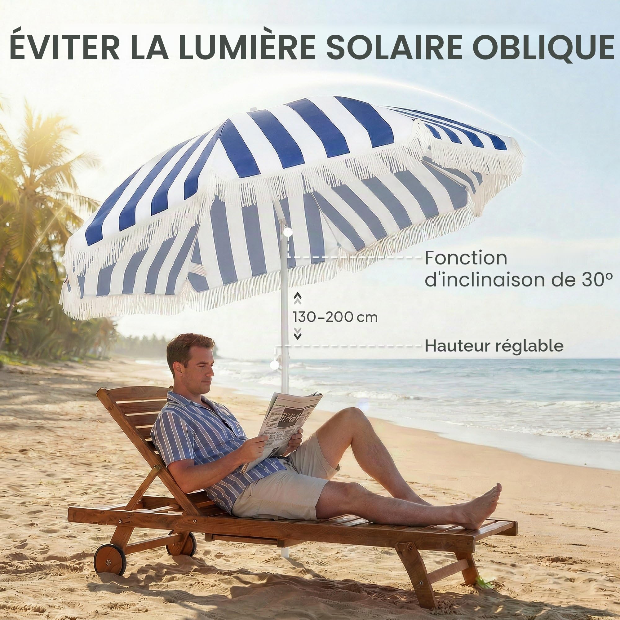 Outsunny Parasol de plage avec franges Ø 180 cm, parasol de terrasse extérieur avec hauteur réglable, inclinaison de 30°, ancrage sable et sac de transport