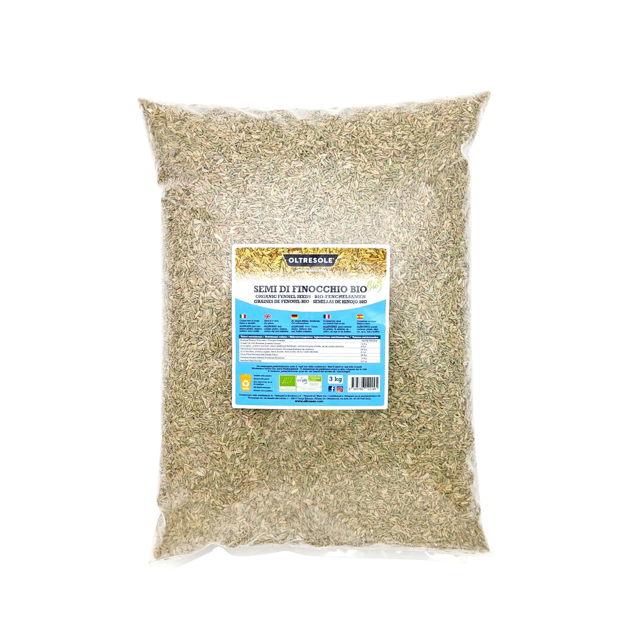 Oltresole, Semillas de Hinojo Ecológico 3 Kg, Semillas Enteras Ecológicas, Ideal para Infusiones Digestivas y Recetas, Perfecto para Panadería, Tamaño Conveniente