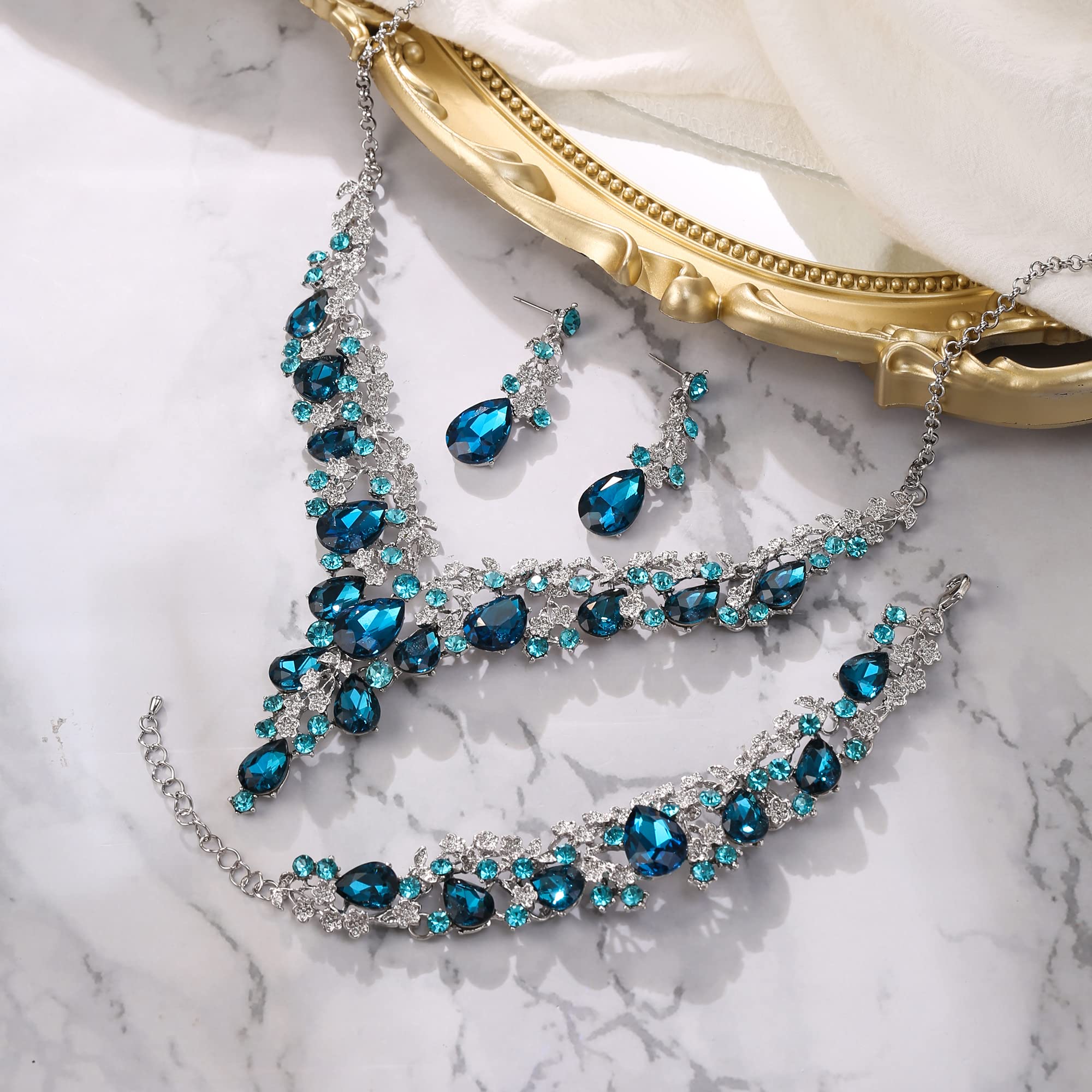 Parure Bijoux Mariage Femme Autrichien Cristal Fleur Collier Boucles d'oreilles et Bracelet Ensemble de pour Bal Clair Ton d'argent