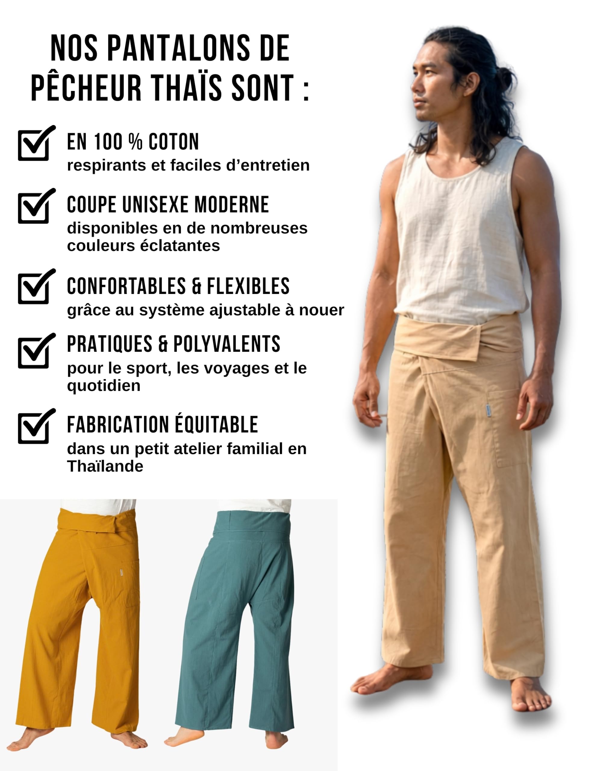 PANASIAM Pantalon de pêcheur thaï - Coton - Pantalon Portefeuille Unisexe | Pantalon thaï, aussi pour le yoga ou les arts martiaux, ajustement flexible en 2 longueurs, technique portefeuille, uni