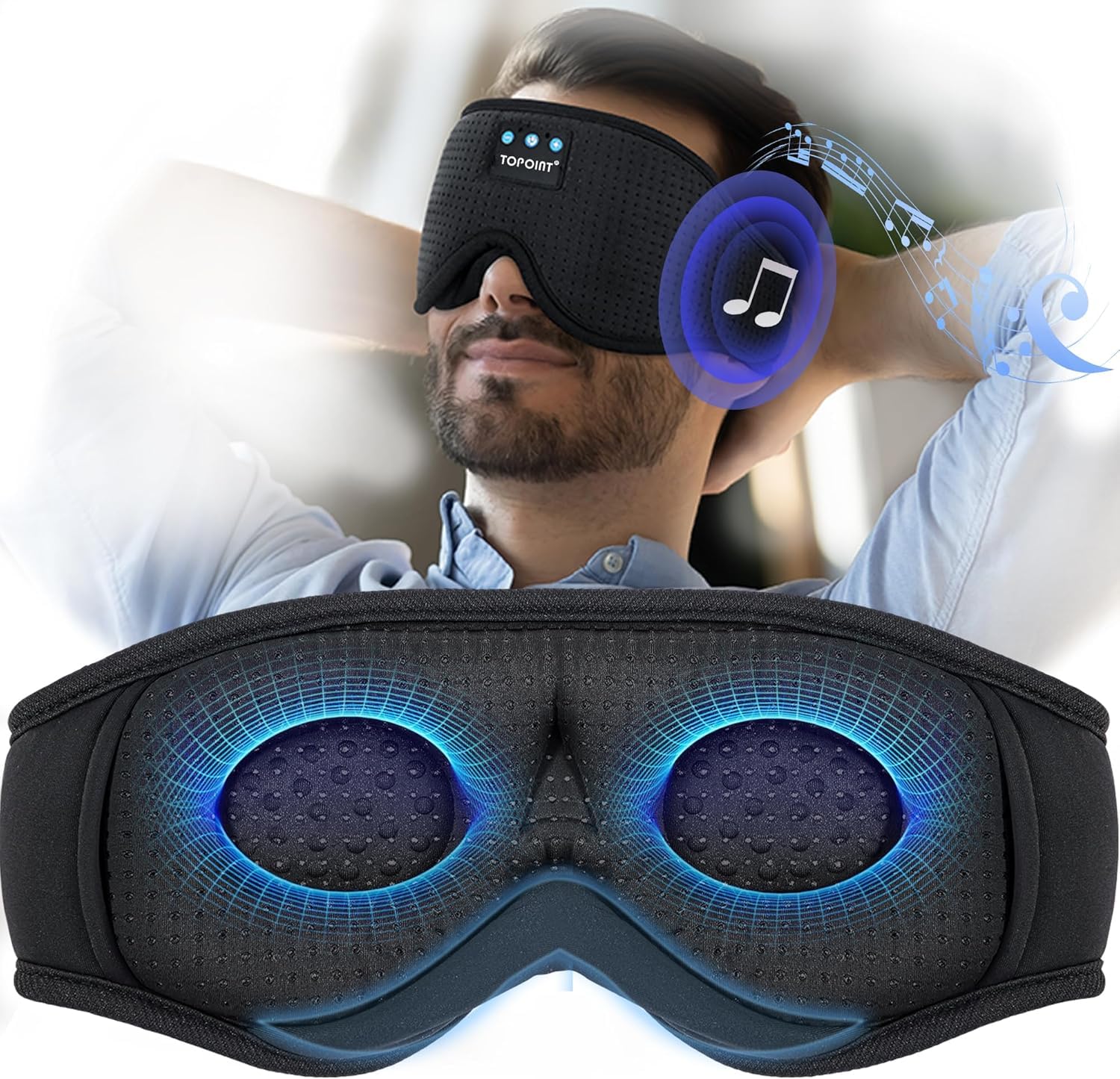 Bluetooth Sleep Mask Headphones, TOPOINT Wireless 3D Eye Mask with Bluetooth Headphones Eye Mask for Sleeping,Upgraded 200% Breathability Sleeping Earphones for Travel/Nap/Yoga/Meditation/Relaxation