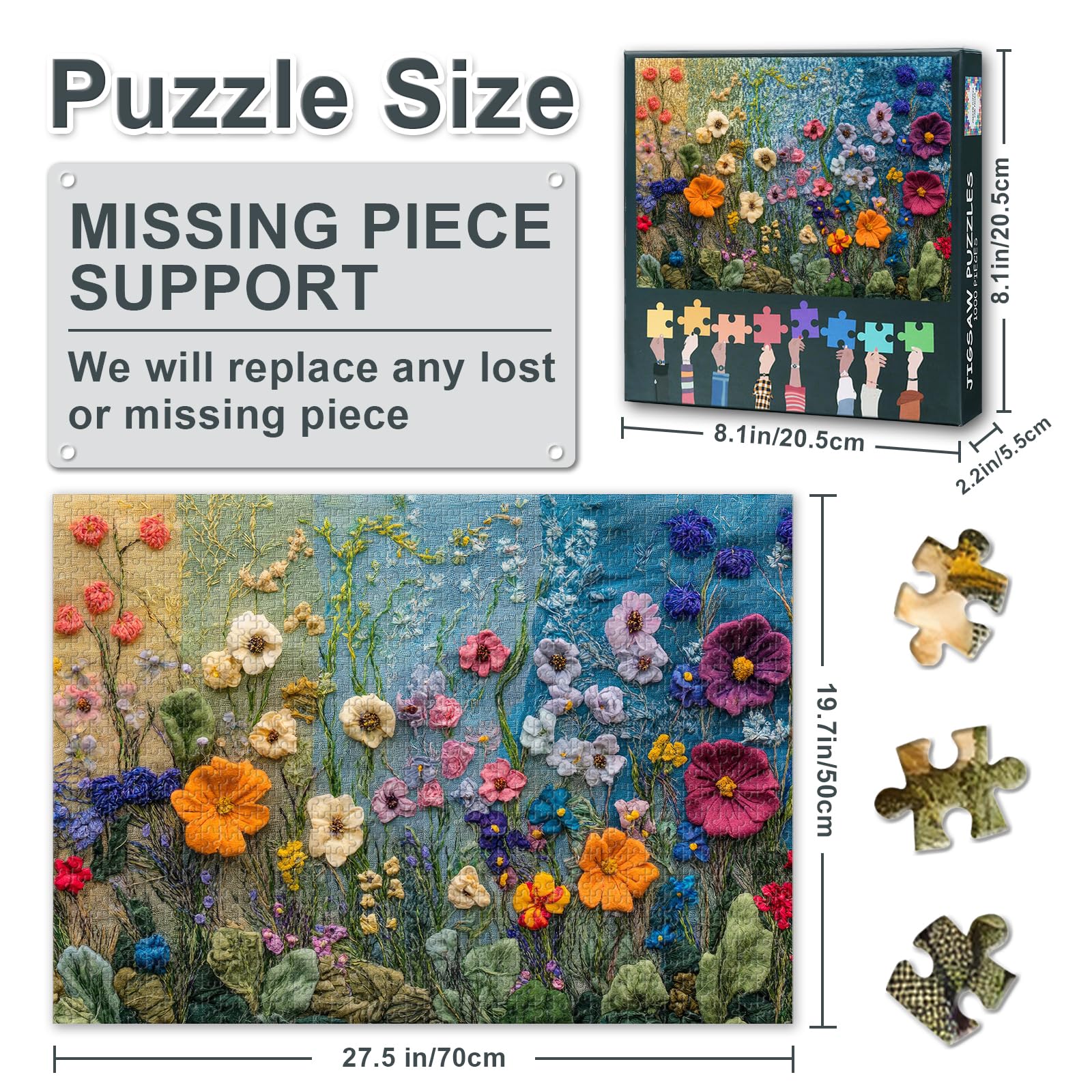 Flowers Jigsaw Puzzles 1000 Pieces for Adults Detailed Close Up of Wildflowers Embroider on a Cloth Rompecabezas Para Adultos Earth Day Biodiversity Impossible Challenging Puzzles 20x28 inch - Image 3