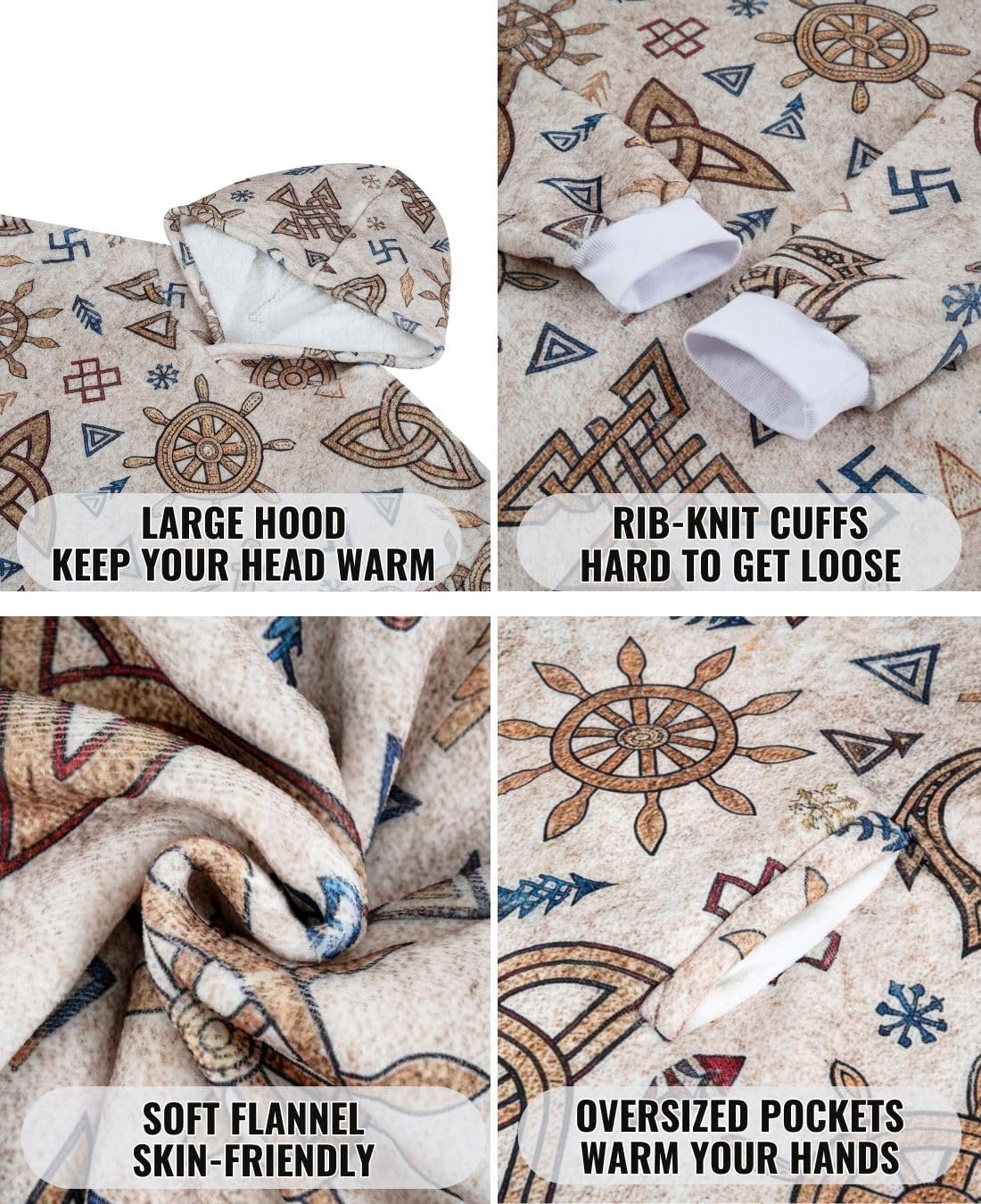 Viking Gifts for Men, Norse Mythology Wearable Flannel Blanket Hoodie With Two Large Pockets, Perfect for Birthday & Christmas - Rune/Yellow