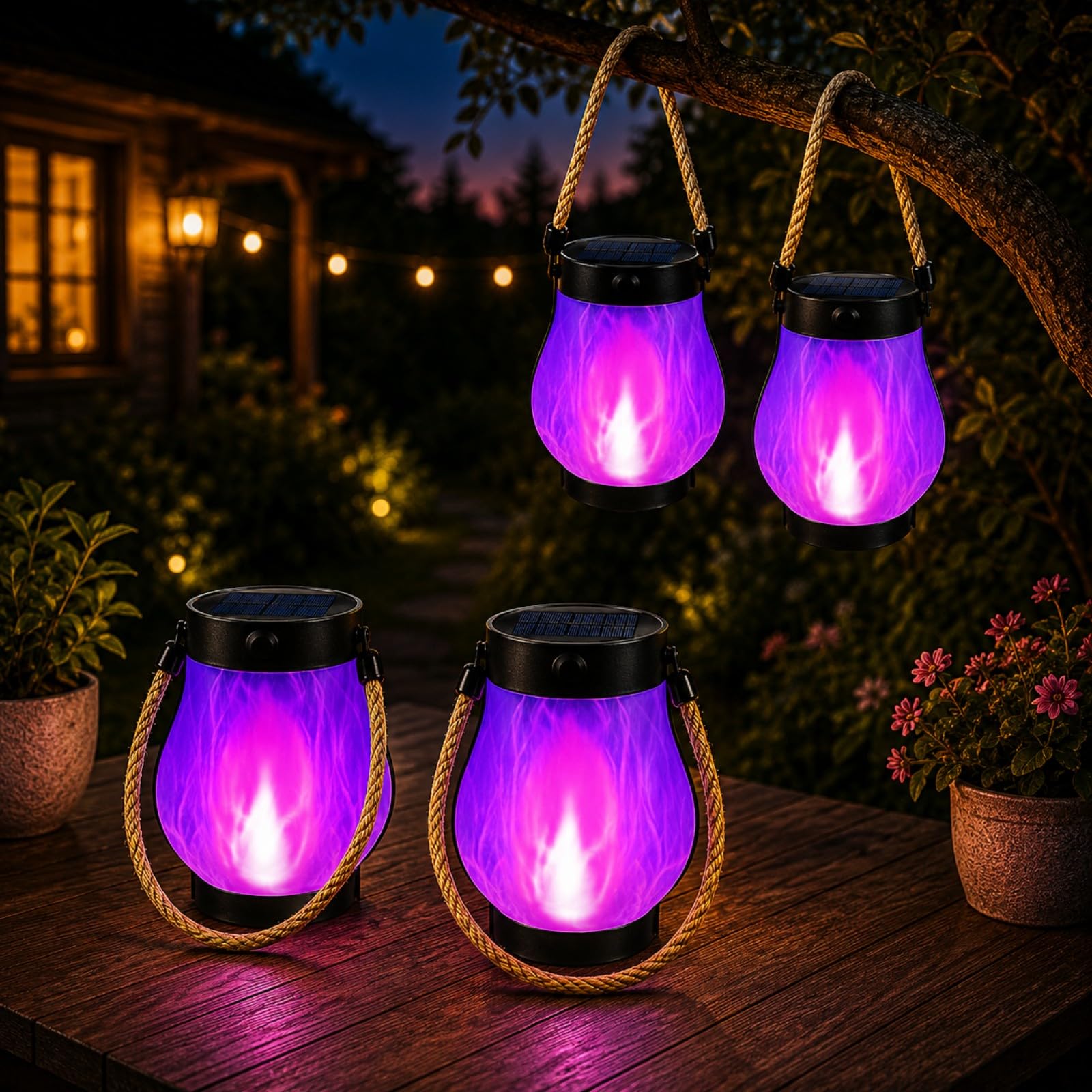 Solar Flame Lantern Outdoor Lights, Waterproof Hanging Lantern with Dancing Flickering Flame, Decorative Garden Light for Patio, Yard, Pathway & Outside Decor (Purple Light (4-Piece Set))