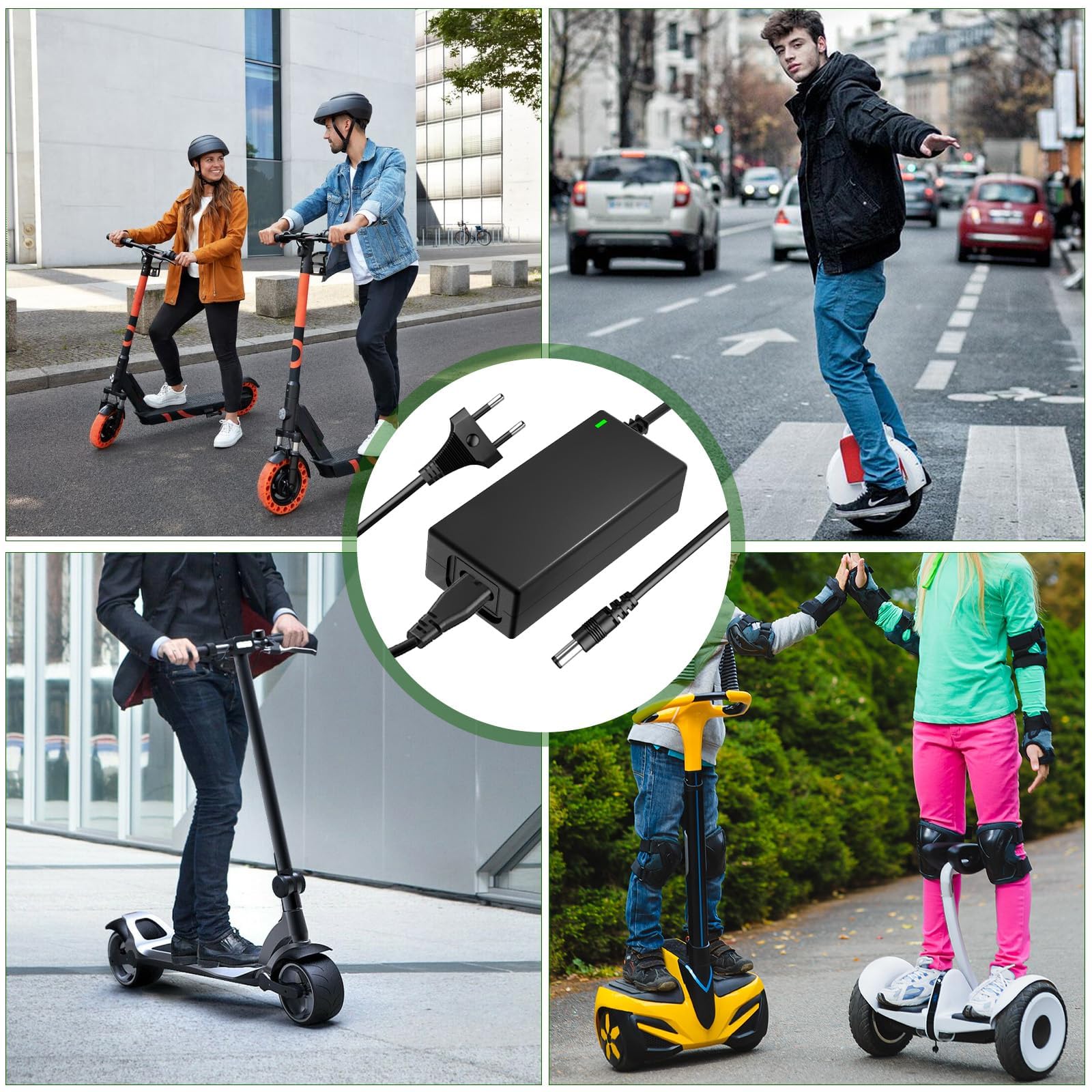 Chargeur Trotinette Electrique, 42V 2A Chargeur Hoverboard 36V Trottinette Batterie avec 4 Connecteurs pour Hoverboard, Scooter Électrique, Planche à Dérive, Xiaomi M365/Pro 2