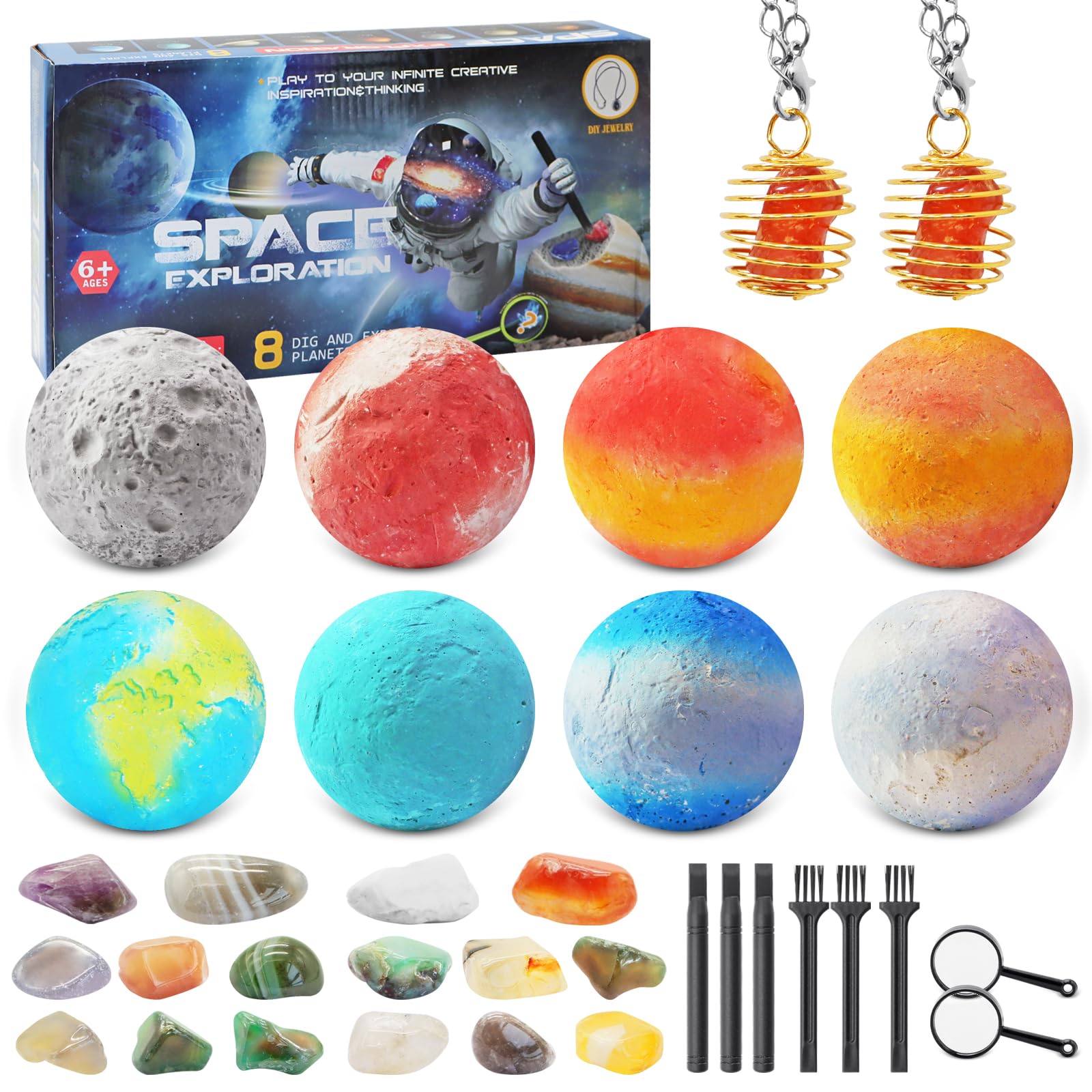 Aleker Gem Dig Kit, Pack of 8 Planet Gemstone Dig kit for Kids, Mega Gemstone Dig Kit with 16 Pcs Real Crystals Rocks, Science Kit, Gem Digging Kit Excavation Kits for Boys and Girls 6+