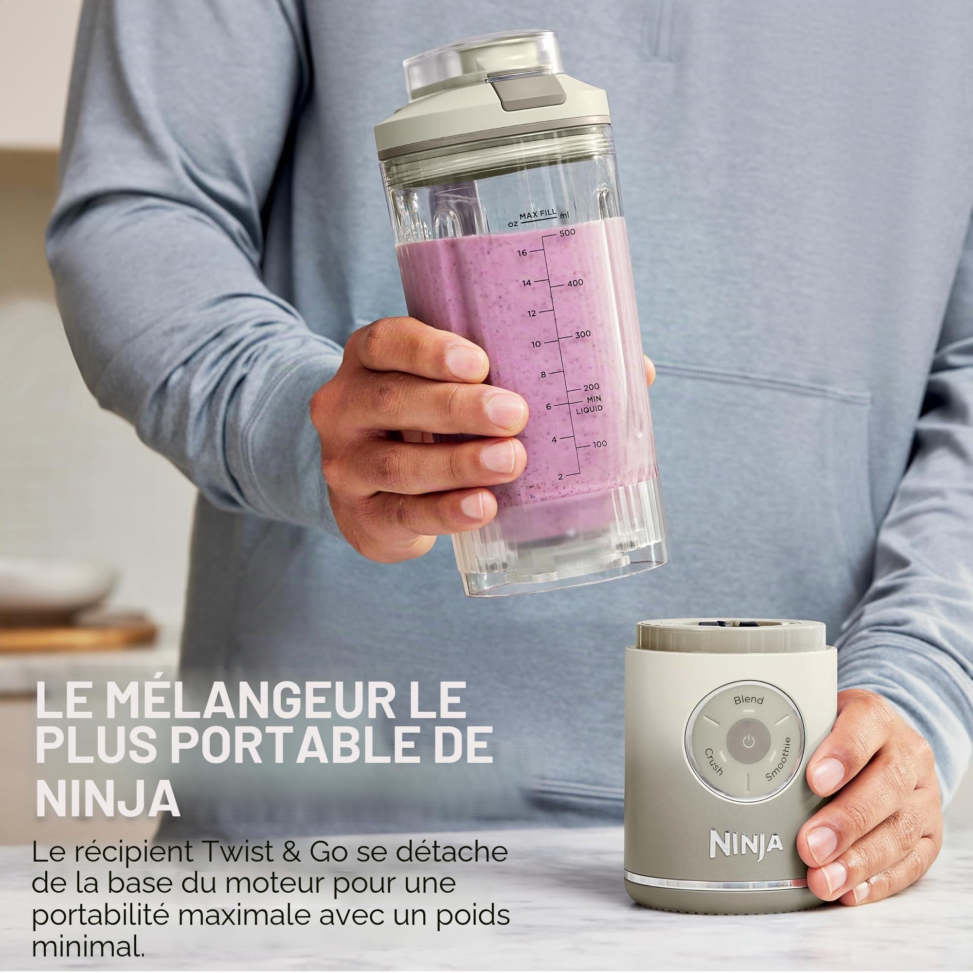Ninja Blast Max Mixeur Portable + Twist & Go Mixer Personal Mixer Ninja Blender Smoothie Blend Ice Crush 3 Programmes sans Fil Amovible Récipient de 650 ml Passe au Lave-vaisselle