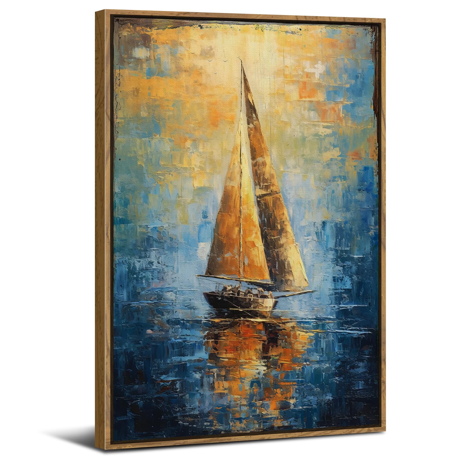Large Sailboat Wall Art Wood Framed for Bedroom, Gold Canvas Prints Modern Coastal Wall Decor, Abstract Themed Canvas Painting Vintage Seascape Picture Kitchen Living Room Home Decorations(24x36") — image 1