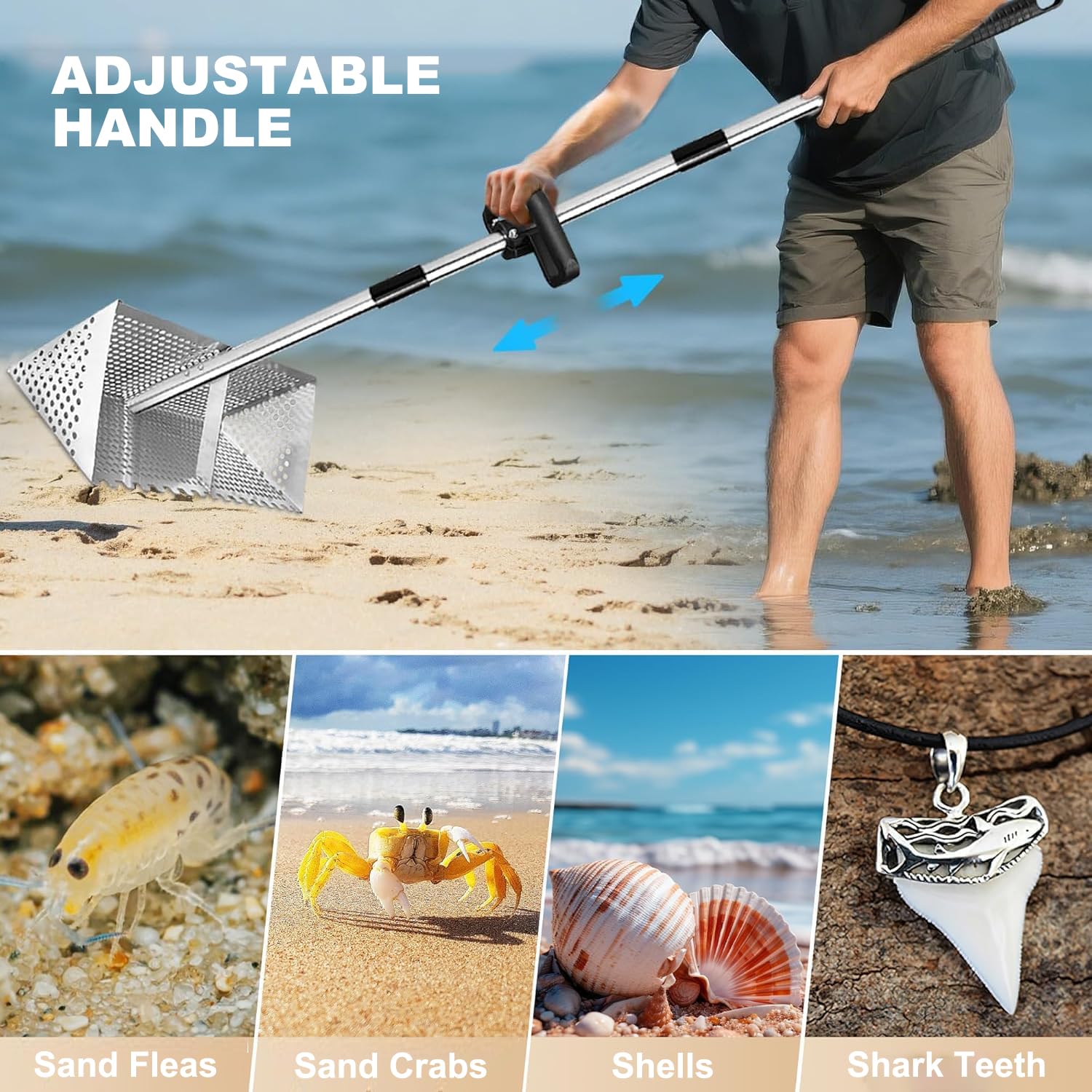 Rastrello per Pulci di Sabbia in Acciaio Inossidabile, Rastrello per telline, Setaccio per Sabbia con Manico Staccabile Lungo 142 cm per Spiaggia e Ricerca d'Oro