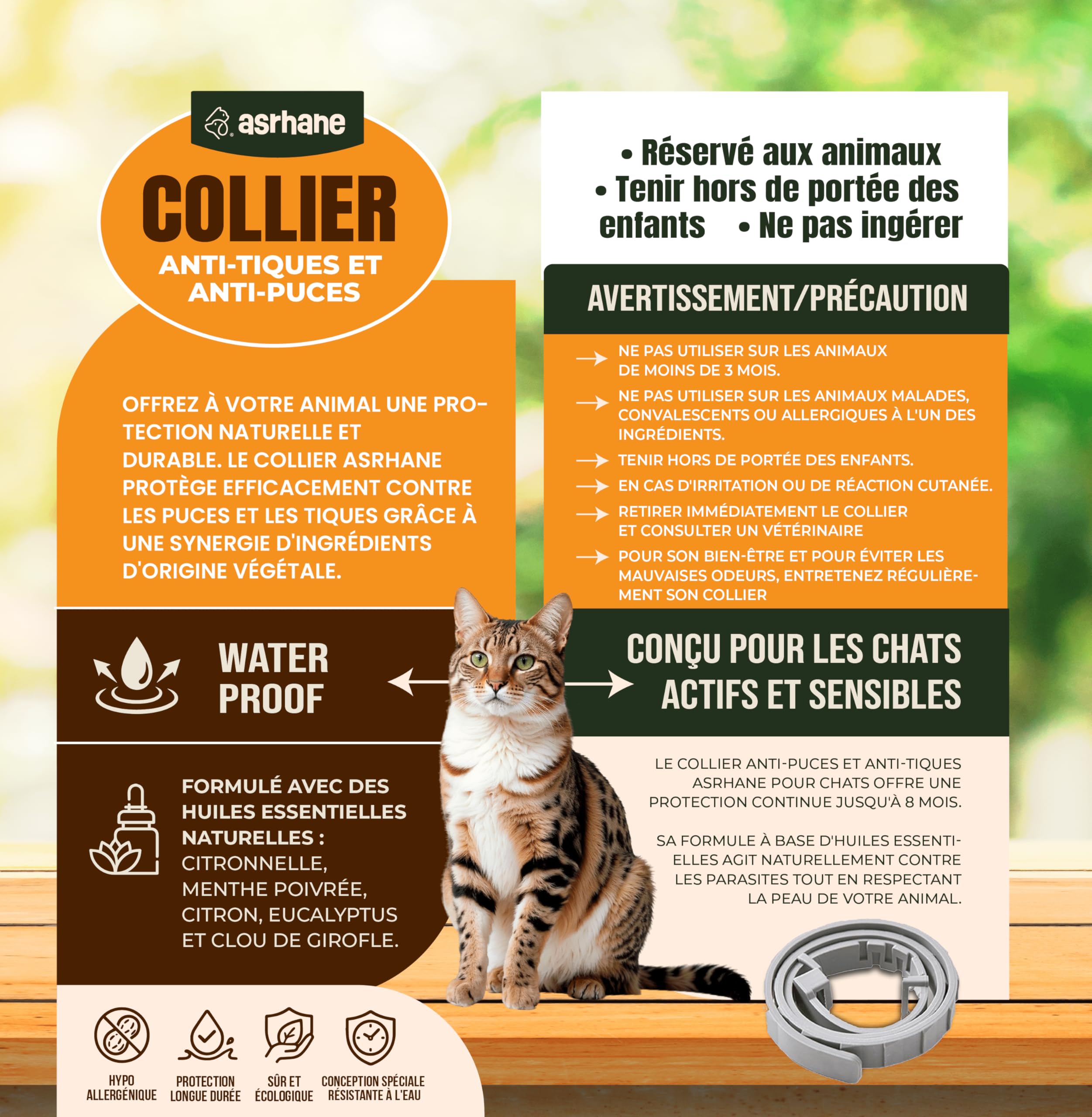 ASRHANE – Collier Préventif Naturel Anti-Tiques & Anti-Puces pour Chat | sans Insecticide | Protection 8 Mois | Résistant à l’Eau | Réglable, Confortable Tous Chats