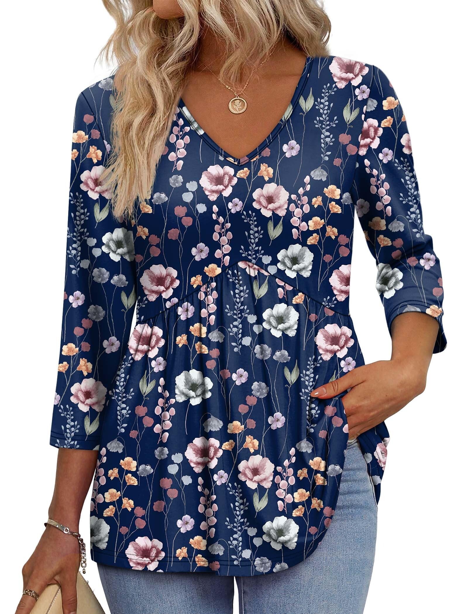 OFEEFAN 3/4 Length Sleeve Womens Tops 2026 Blouses for Women Dressy Casual Fashion Clothing V Neck Babydoll Tops Fall Outfits