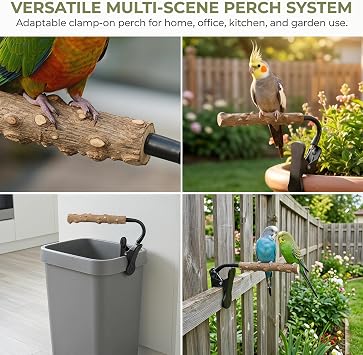 Bird Perch Stand with Clip, Adjustable Clip-On & Portable Parrot Stand, Natural Wood Bird Perch Training Stand for Cockatiels, Conures, Lovebirds and Medium & Small Parrots