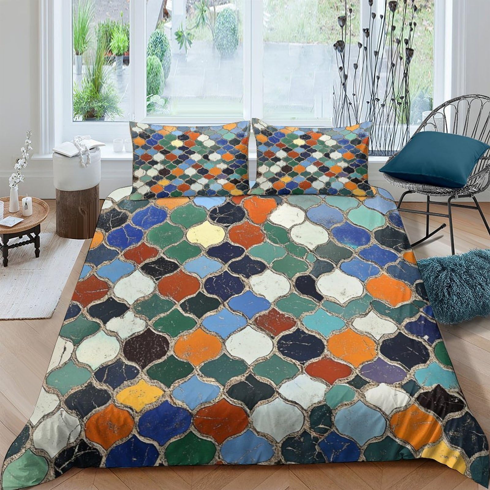 Ctjqhvkz Style-6 3D Printed Moroccan Mosaic Fitted Sheet Microfiber Multi-Colour Bed Cover For Bedroom Guest Room Decor Easy Care Single（135X200cm）