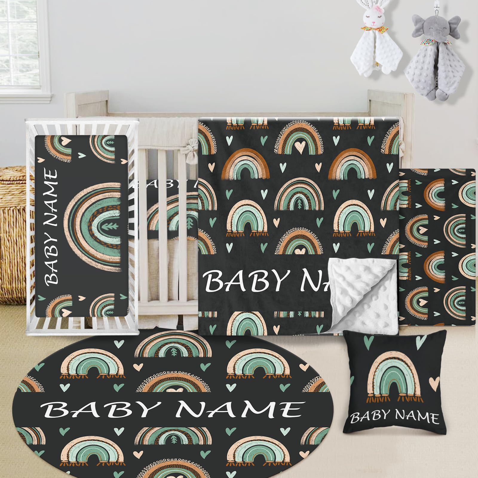 Individuelles Babybett-Bettwäsche-Set, 5-teilig, Regenbogen-Designs, personalisierte Namensdecke mit gepunkteter Rückseite, Kinderbettlaken, Wickelunterlage, Kissenbezug, Teppich für Neugeborene,
