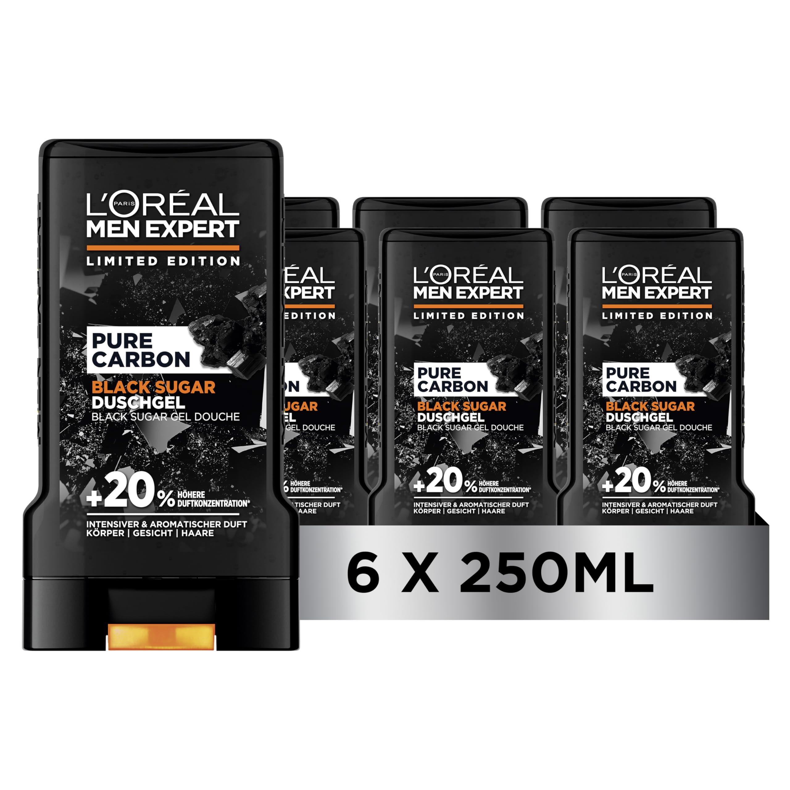 L'Oréal Men Expert Duschgel und Shampoo für Männer, 3in1 für Körper, Haar & Gesicht, Herren Körperpflege mit 24h frischem maskulinen Duft in Parfumqualität, Pure Carbon Black Sugar Duschgel, 6x250 ml