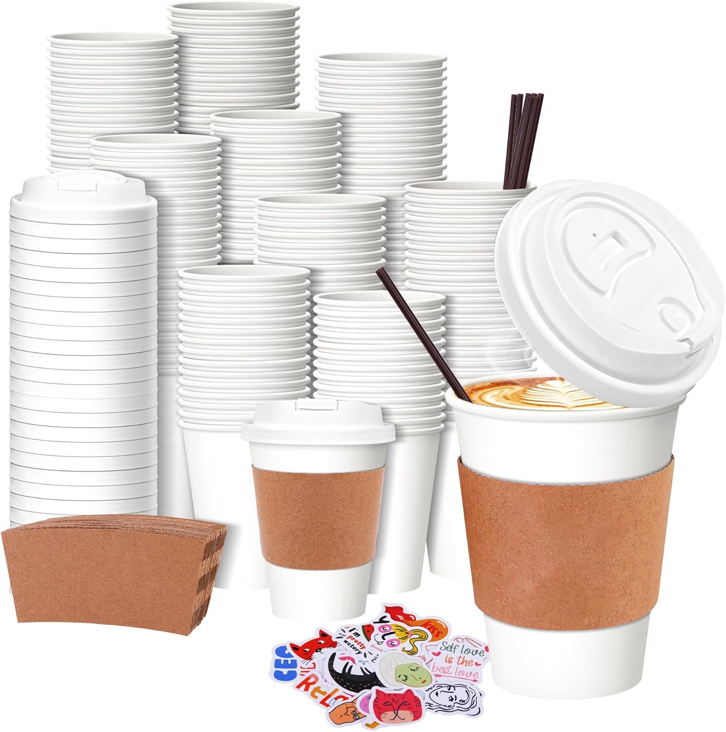 12OZ Disposable Coffee Cups with Lids and Sleeves, 50 Pack Heat Resistant and Leak-Proof To Go Cups for Party Supplies, Office, Cafe