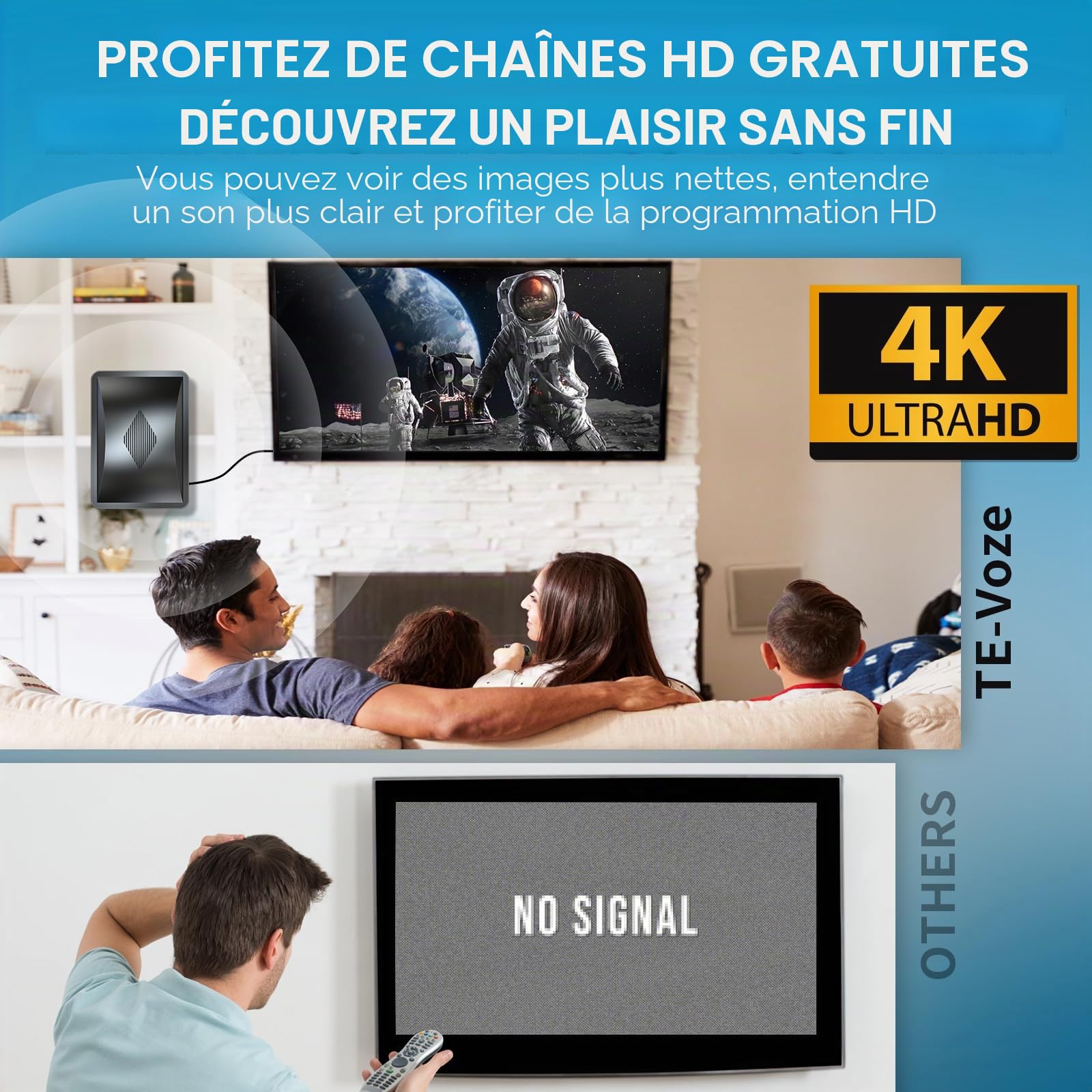 Antenne TV Intérieure 600KM+, Antenne TNT Intérieure avec Amplificateur de Signal Ultra Puissant, 360° Réception Chaînes Locales HD, Compatible Tous Les Tvs Supporte 8K, 4K, 1080P-Câble Coaxial 10M