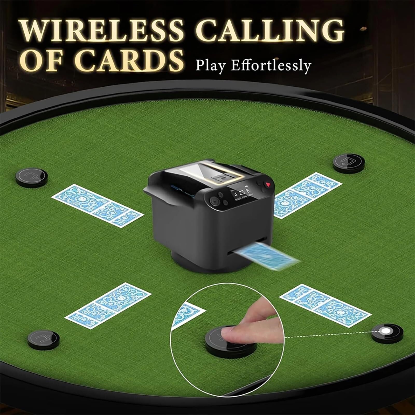 Distribuidor de cartas totalmente automático Máquina de reparto de cartas giratoria de 360° con 4 botones de repartidor inalámbricos, máquina barajadora de cartas recargable for UNO, Blackjack, Texas