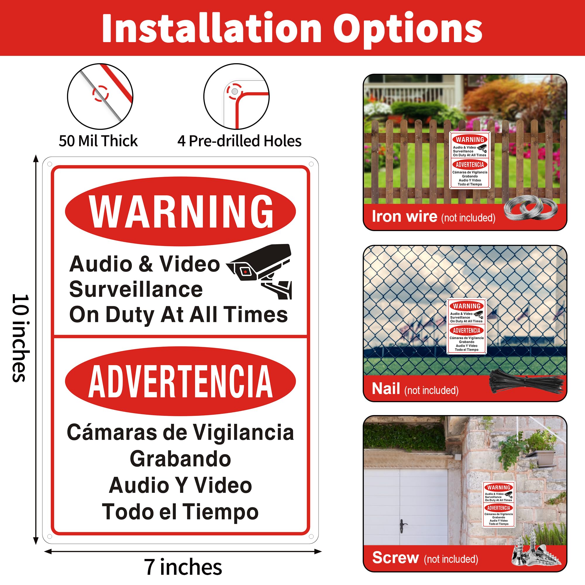 Señales de videovigilancia (2 unidades) con cámara en servicio en todo momento, cartel bilingüe inglés español de vigilancia por cámaras de vídeo, letrero de metal, resistente a la intemperie y fácil