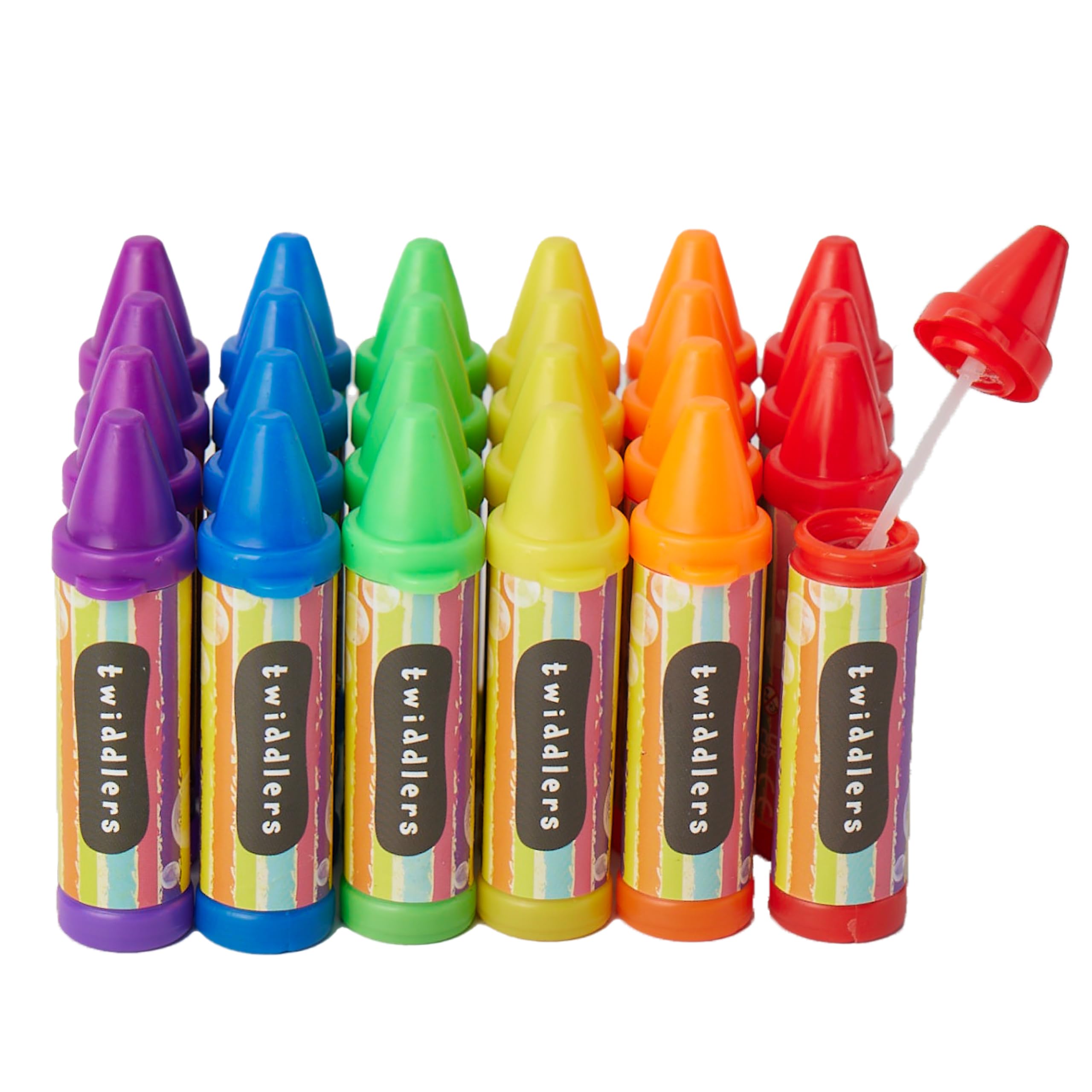 THE TWIDDLERS 48 Mini Bubbles for Kids, Crayon Shaped Wands in 6 Colours, 8cm - Perfect as Party Bag Fillers for Kids Bubbles, Wedding Favours, Outdoor Games - Refillable Tubes — image 1
