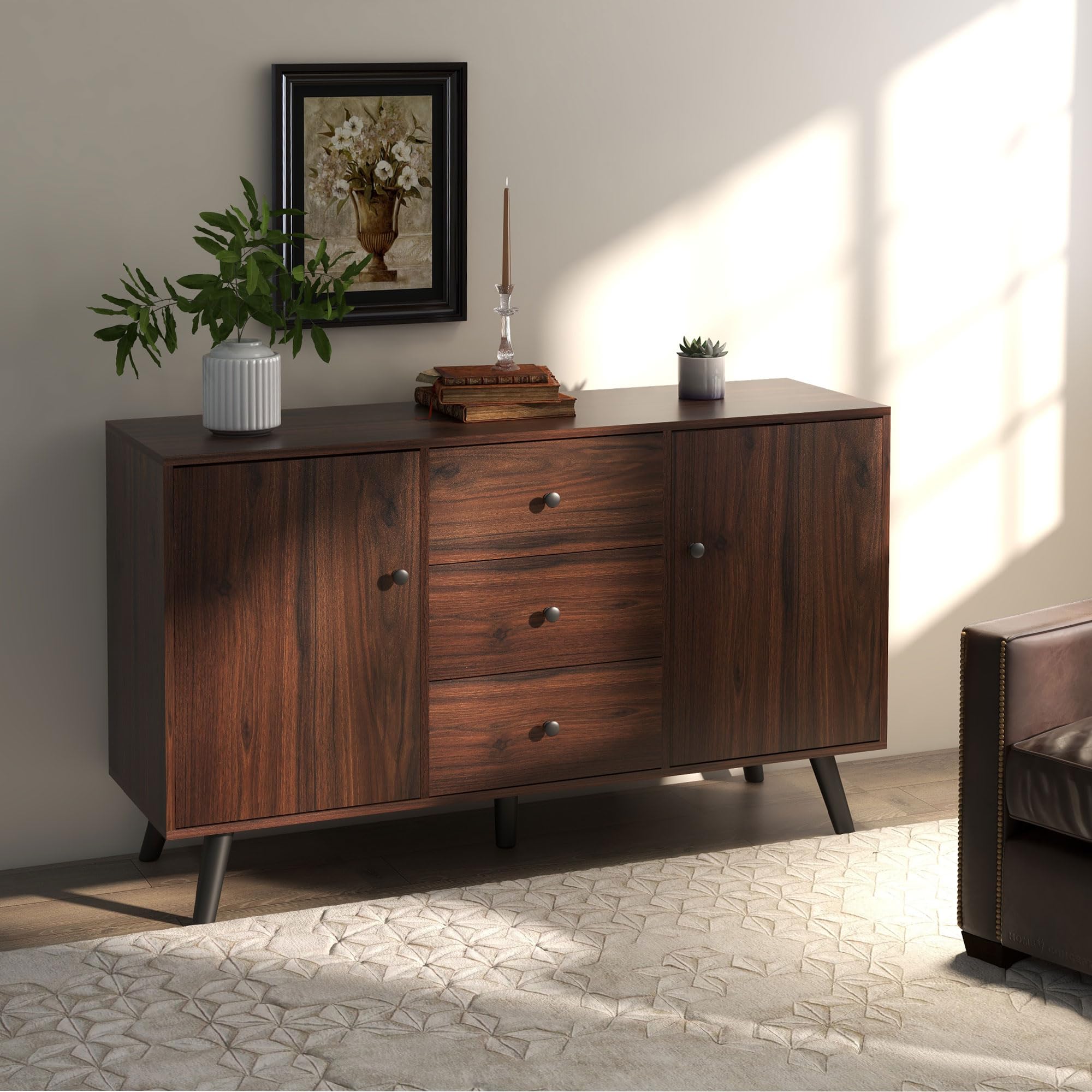 HOMCOM Credenza Moderna con 2 Armadietti e 3 Cassetti, Marrone e Nero | per Soggiorno, Sala da Pranzo e Ingresso in Legno e Truciolato, Mobile Contenitore, 127x40x76 cm